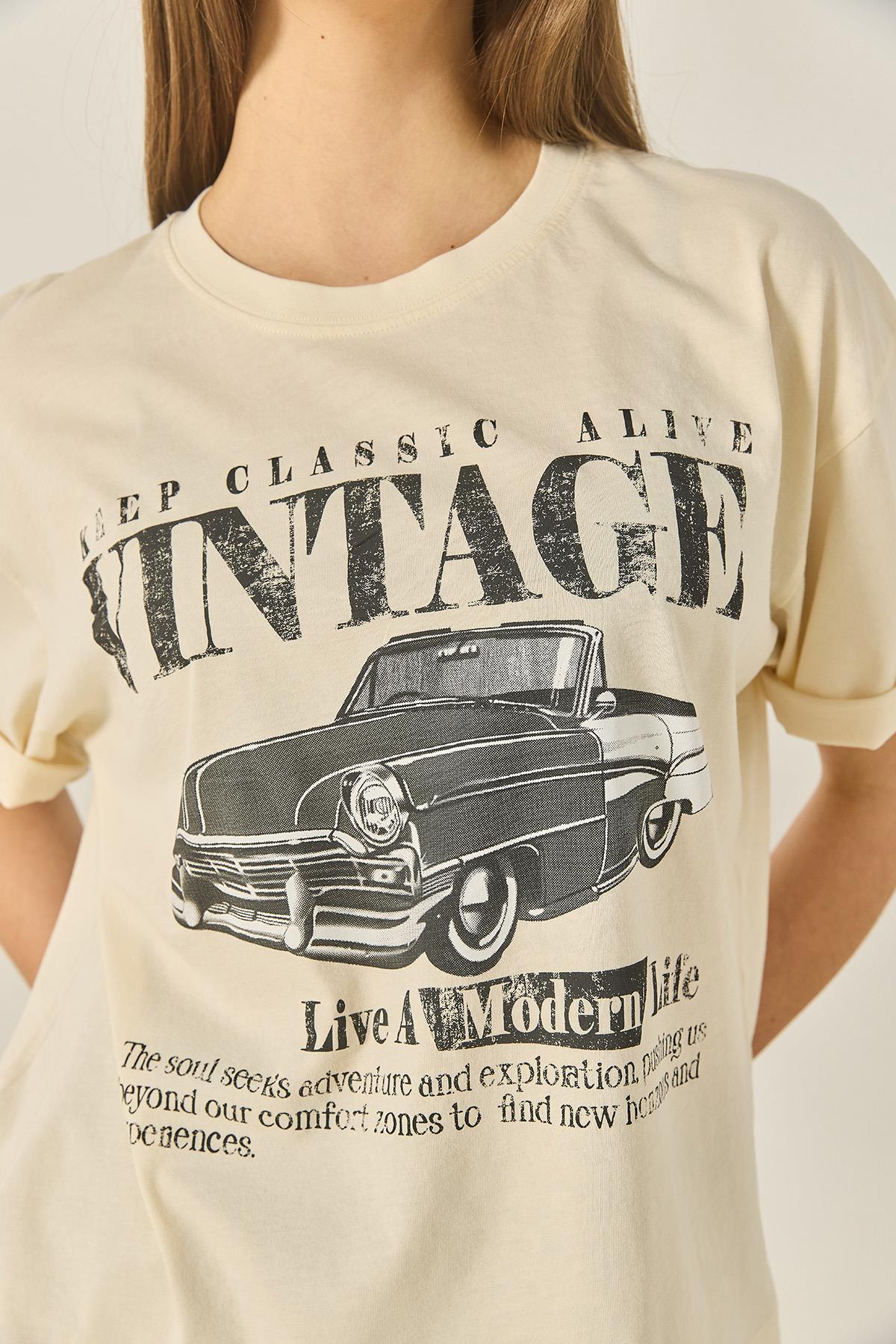 Kadın Bisiklet Yaka Kısa Kollu Vintage Baskılı Pamuklu Basic T-Shirt ÖT251061 60283313 - Bej · 6