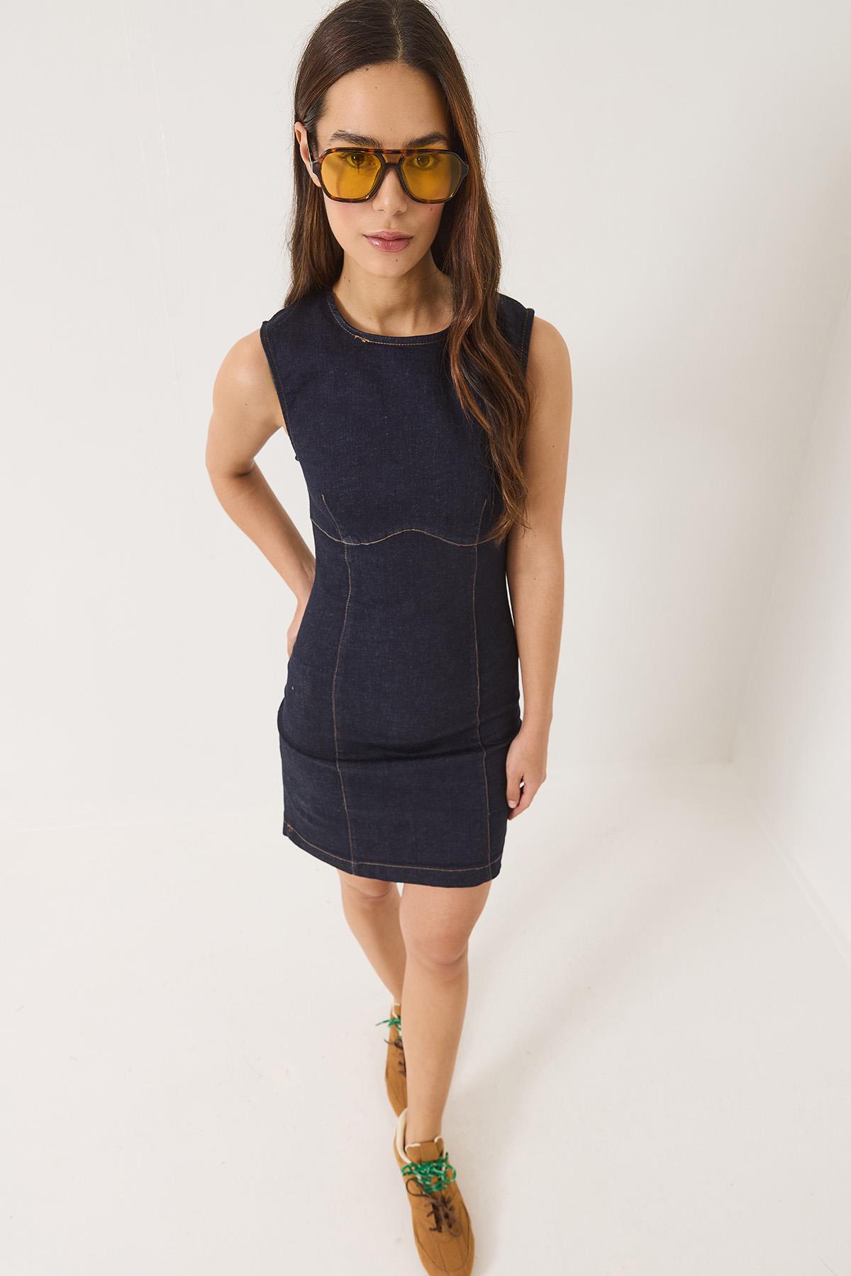 Kadın Bisiklet Yaka Likralı Yazlık Denim Elbise 8038 60283163 - Lacivert · 2