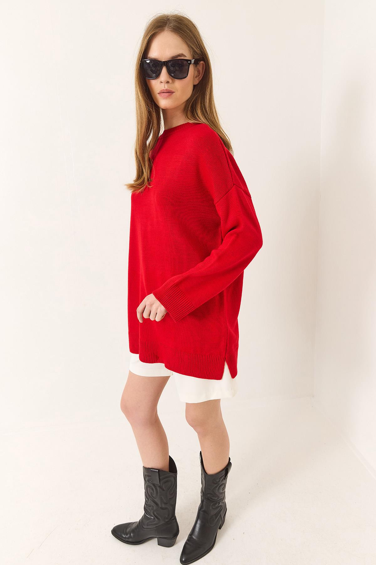 Kadın Bisiklet Yaka Oversize Uzun Kazak 60283235 - Kırmızı · 3