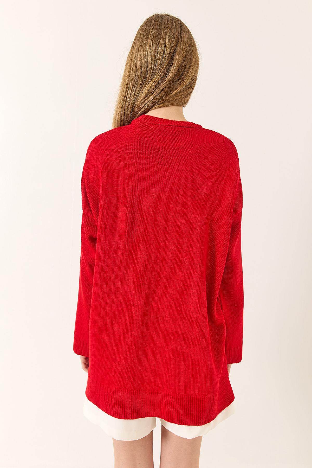 Kadın Bisiklet Yaka Oversize Uzun Kazak 60283235 - Kırmızı · 8