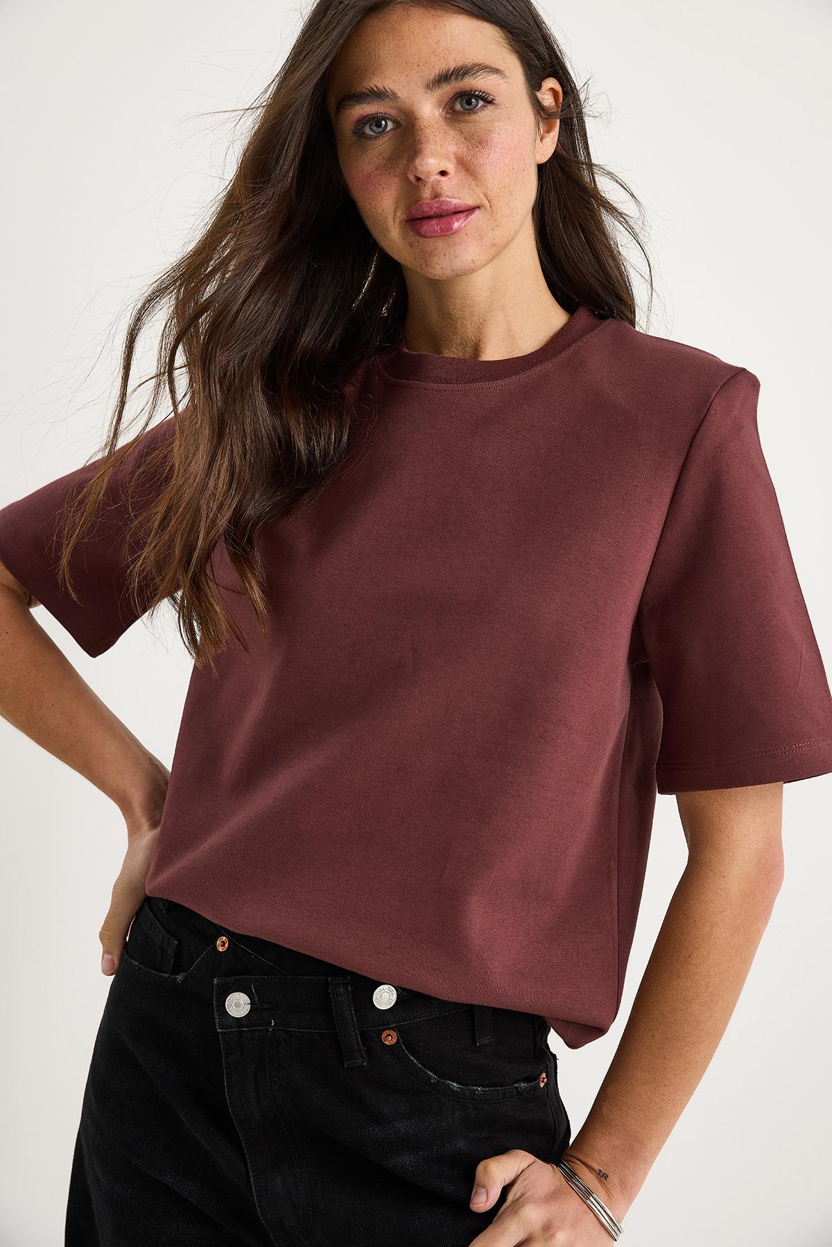Kadın Bisiklet Yaka Vatkalı Pamuklu Basic T-Shirt 241134 60283128 - Koyu Kızıl Kahve · 5