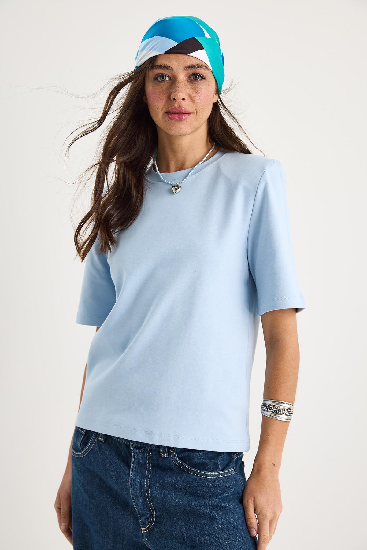 Kadın Bisiklet Yaka Vatkalı Pamuklu Basic T-Shirt 241134 60283128 - Bebe Mavisi · 3