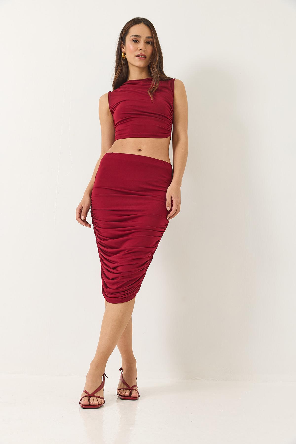 Kadın Büzgü Detaylı Crop Candy Alt-Üst Takım 60283136 - Bordo · 2