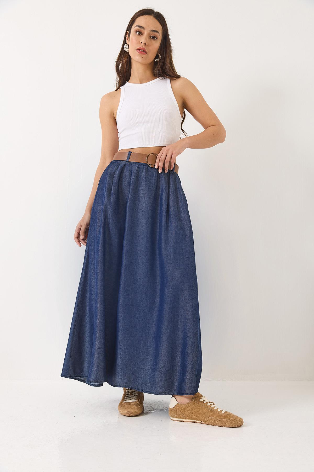 Kadın Cep Detaylı Kemerli Yazlık Denim Uzun Kloş Etek 7187 60283143 - Lacivert · 5