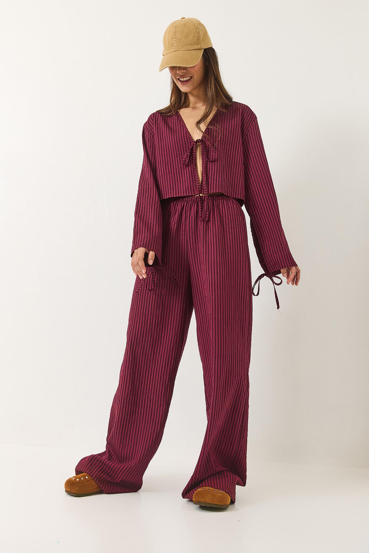 Kadın Çizgili Beli Lastikli Önü Bağlamalı Crop Alt- Üst Takım 36427 60283131 - Vişne · 3