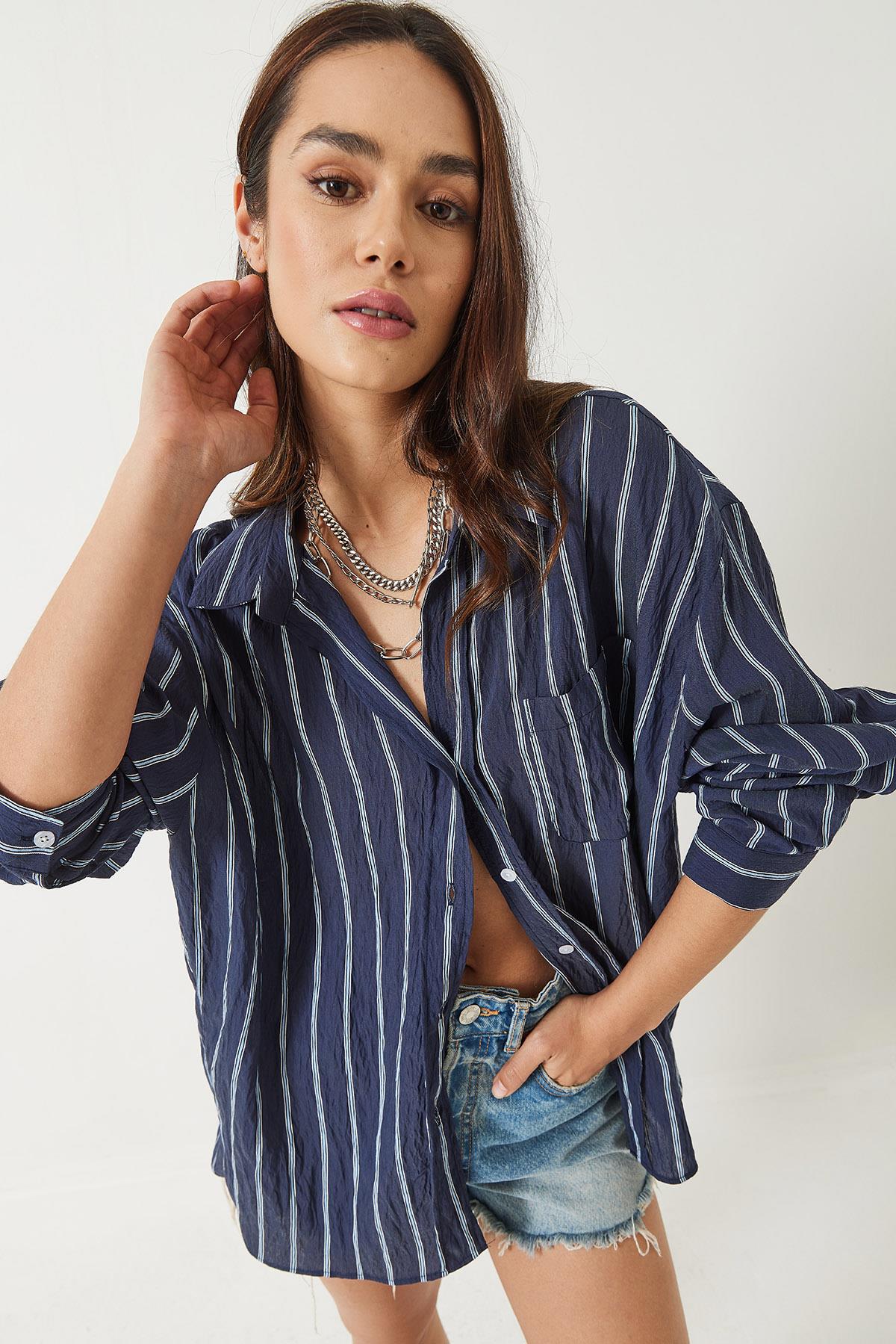 Kadın Çizgili Cepli Oversize Modal Gömlek 2258 60284002 - Lacivert · 3