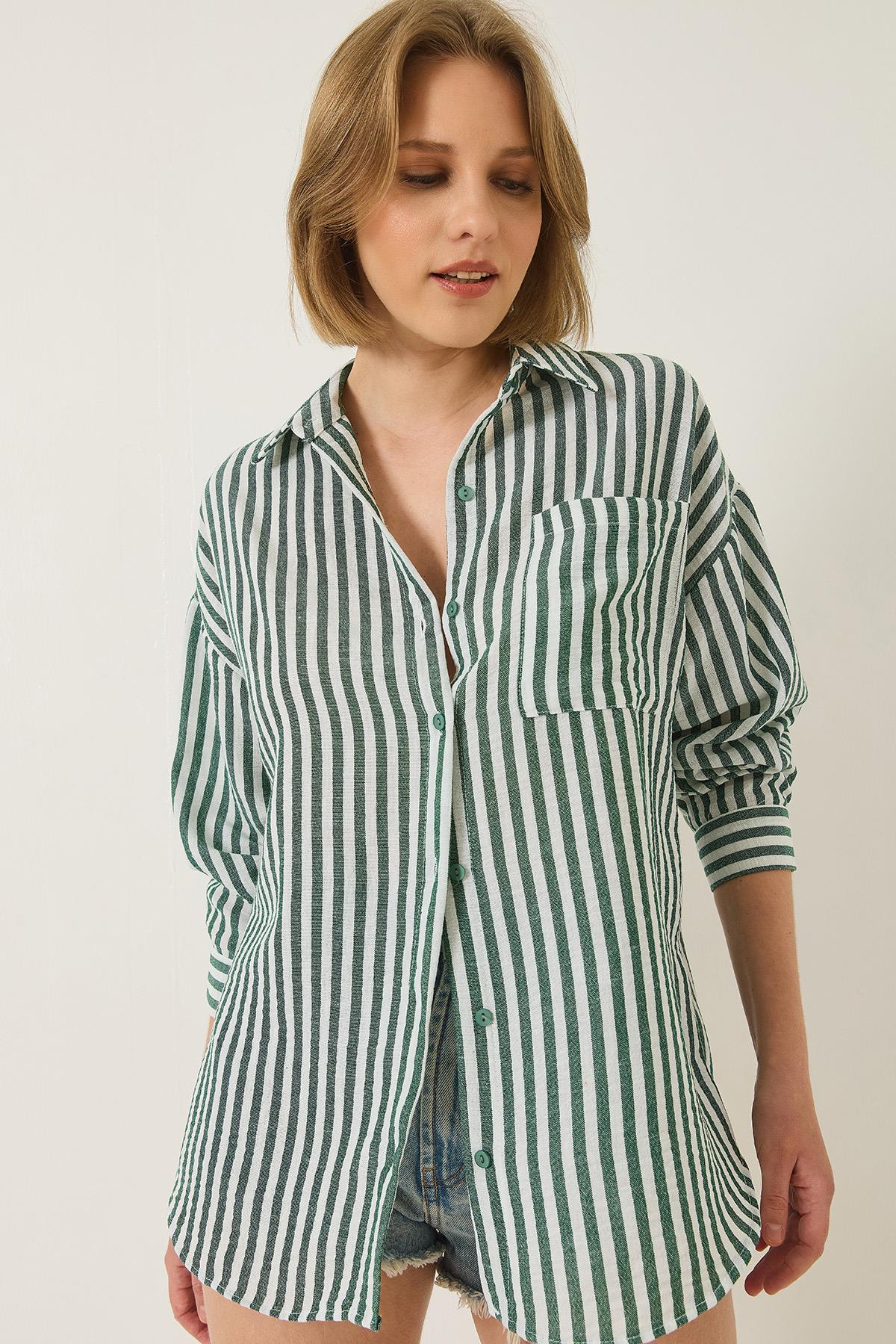 Kadın Çizgili Tek Cep Detaylı Oversize Dokuma Gömlek 2069 60283203 - Yeşil · 3
