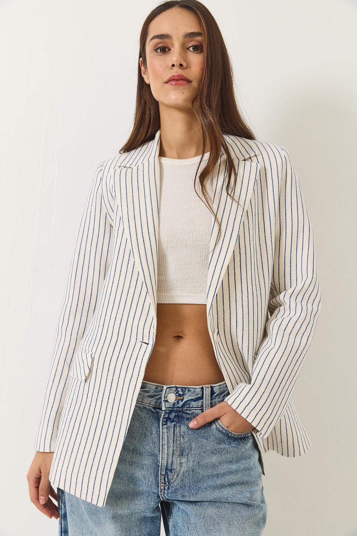 Kadın Çizgili Uzun Kollu Keten Karışımlı Astarlı Blazer Ceket 60283121 - Ekru-Lacivert · 2