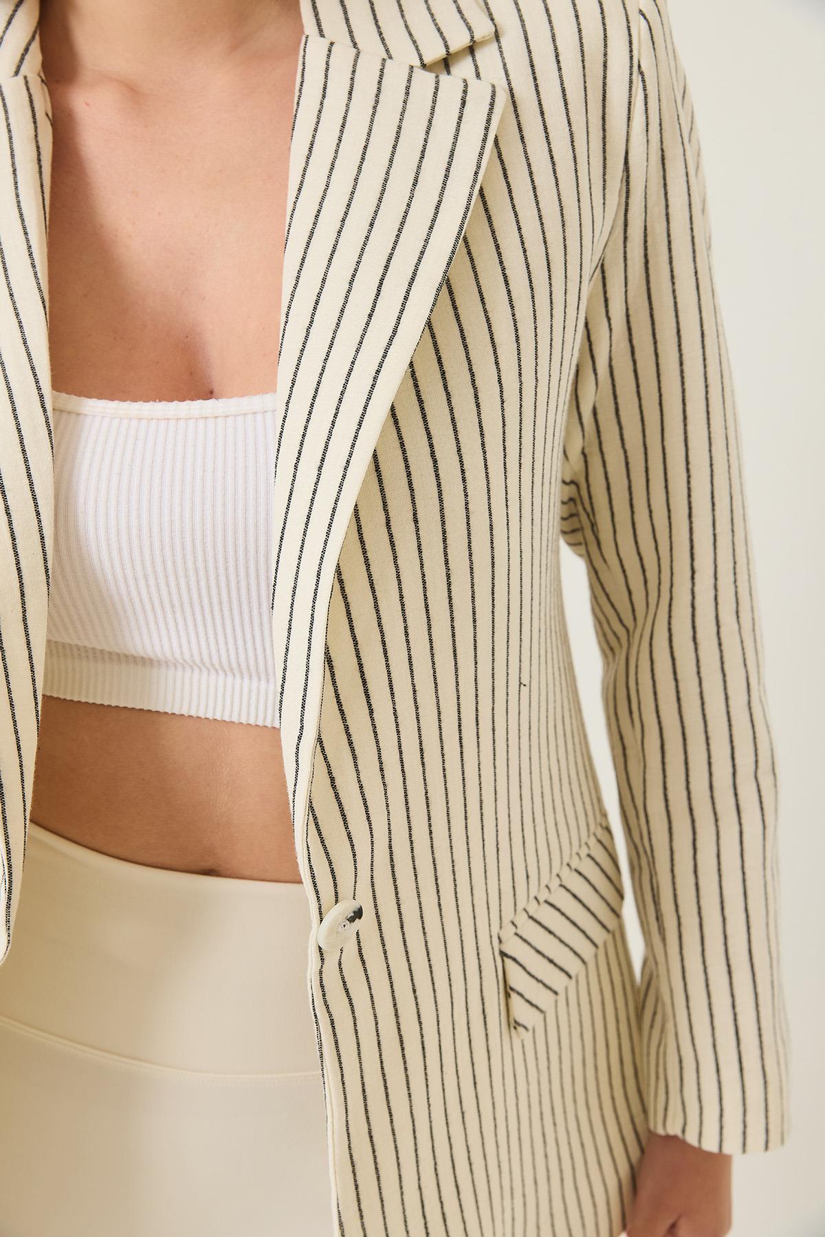 Kadın Çizgili Uzun Kollu Keten Karışımlı Astarlı Blazer Ceket 60283121 - Ekru-Siyah · 5