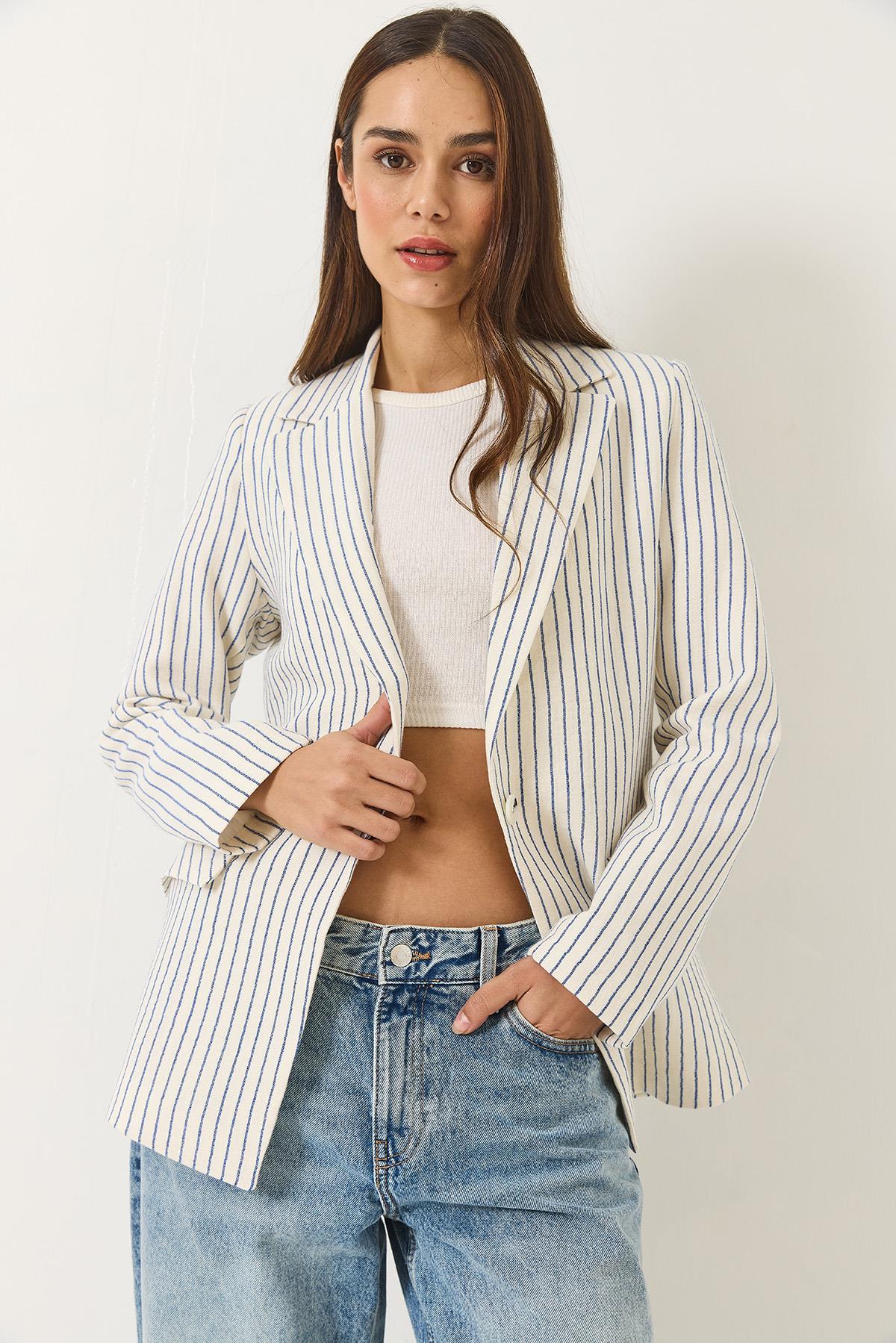 Kadın Çizgili Uzun Kollu Keten Karışımlı Astarlı Blazer Ceket 60283121 - Ekru-Lacivert · 4