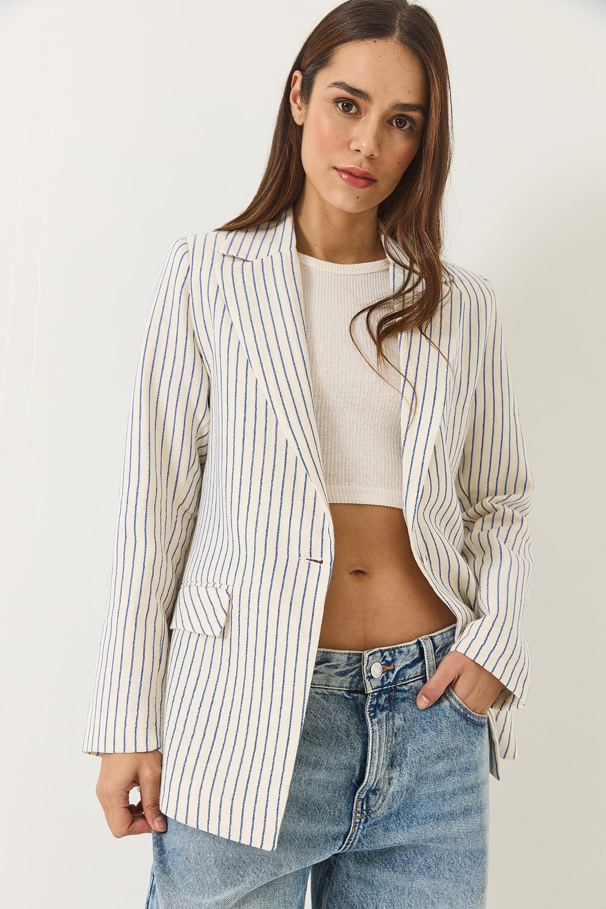 Kadın Çizgili Uzun Kollu Keten Karışımlı Astarlı Blazer Ceket 60283121 - Ekru-Lacivert · 3