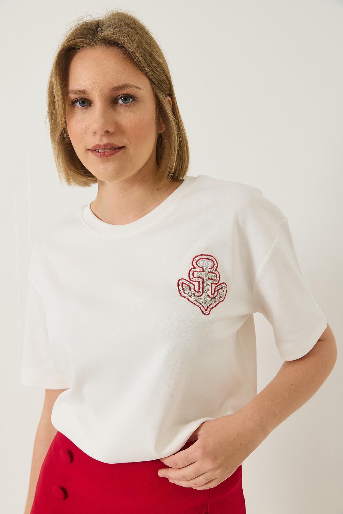 Kadın Denizci İşlemeli Taşlı Pamuklu T-Shirt 60283209 - Beyaz · 3