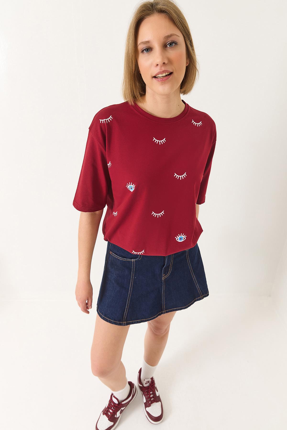 Kadın Göz Baskılı Kısa Kollu Pamuklu Oversize T-Shirt 60283184 - Bordo · 3