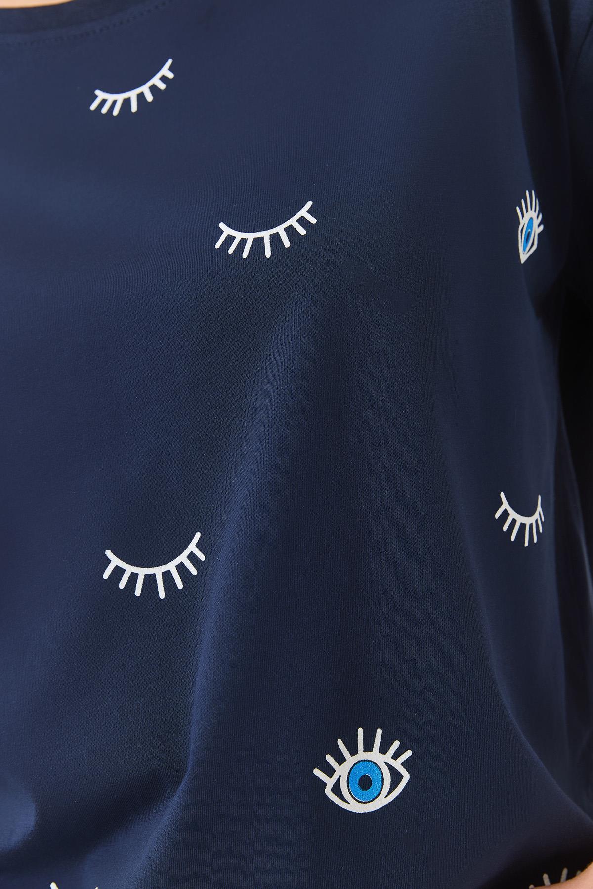 Kadın Göz Baskılı Kısa Kollu Pamuklu Oversize T-Shirt 60283184 - Lacivert · 6