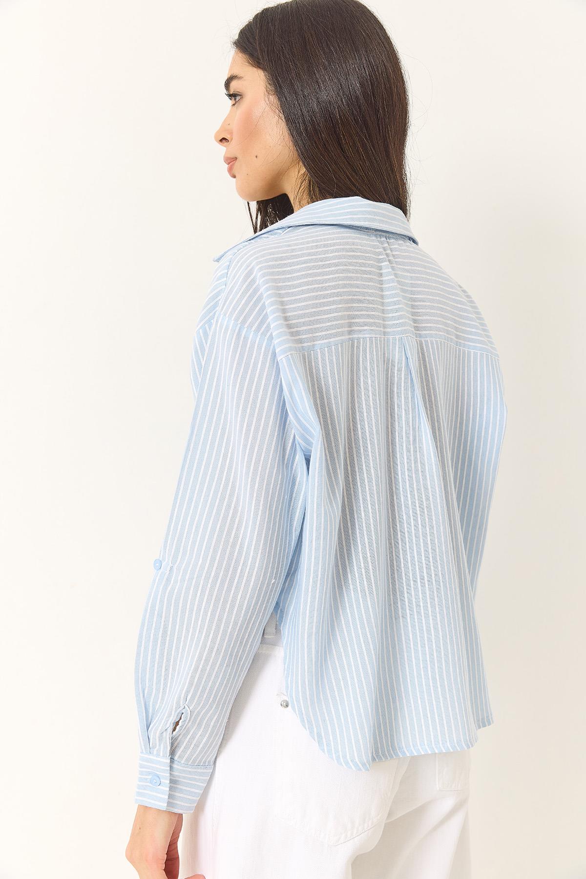 Kadın İnce Çizgili Regular Pamuk Crop Gömlek 2039 60283204 - Bebe Mavisi · 6