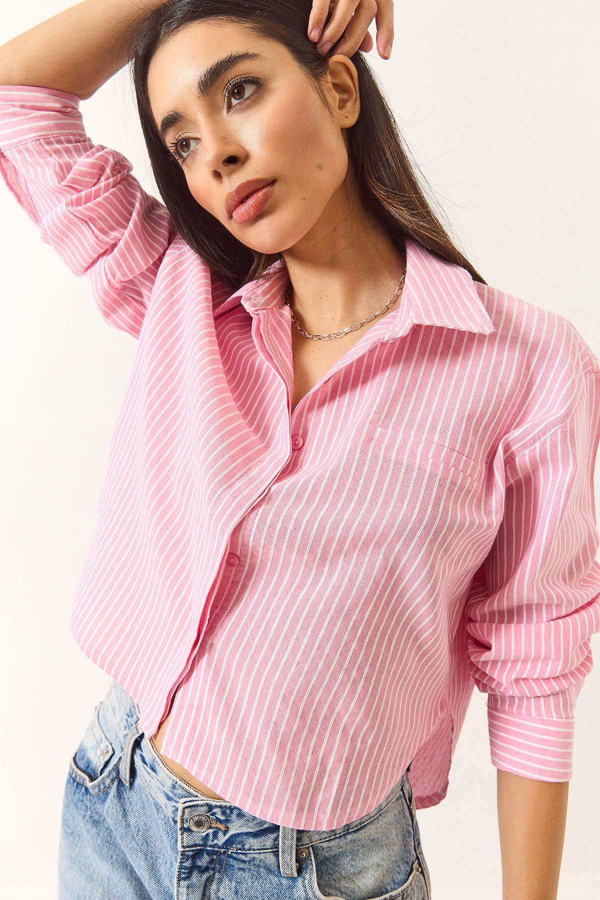 Kadın İnce Çizgili Regular Pamuk Crop Gömlek 2039 60283204 - Pembe · 3