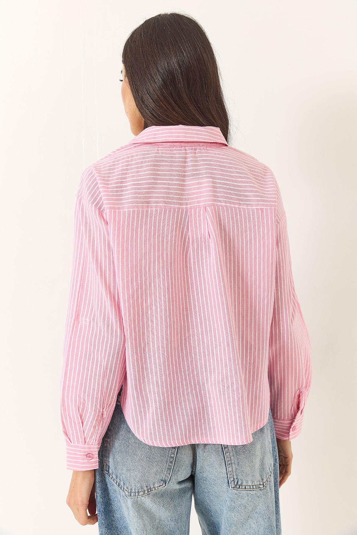 Kadın İnce Çizgili Regular Pamuk Crop Gömlek 2039 60283204 - Pembe · 6