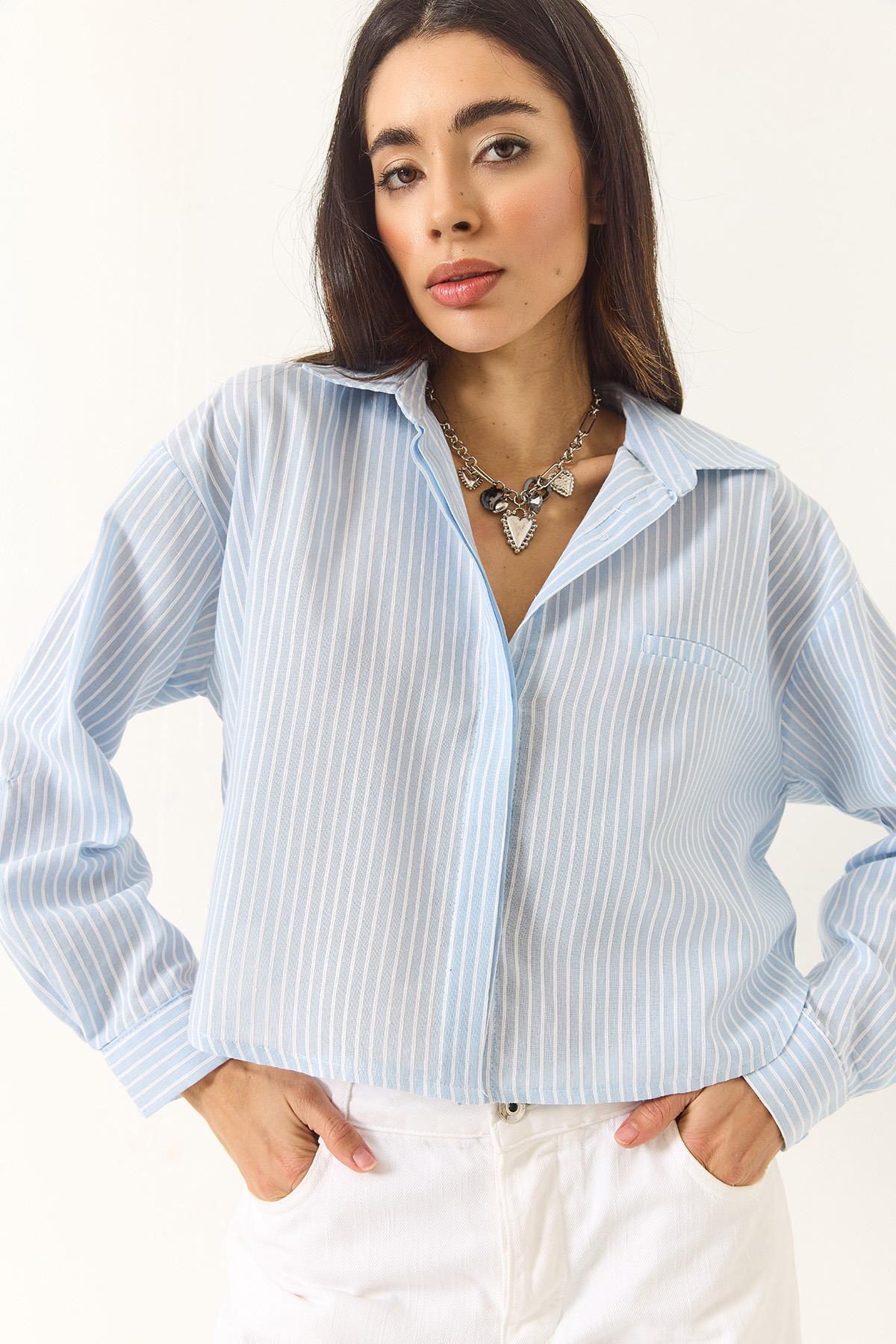 Kadın İnce Çizgili Regular Pamuk Crop Gömlek 2039 60283204 - Bebe Mavisi · 4