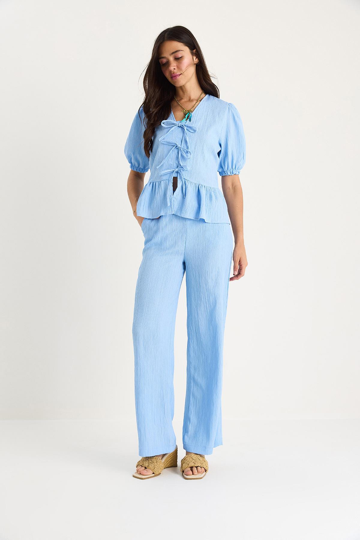 Kadın Bağlama Detaylı Kolları Lastikli Bluz Pantolon Bürümcük Takım 8015 60283448 - Bebe Mavisi · 4
