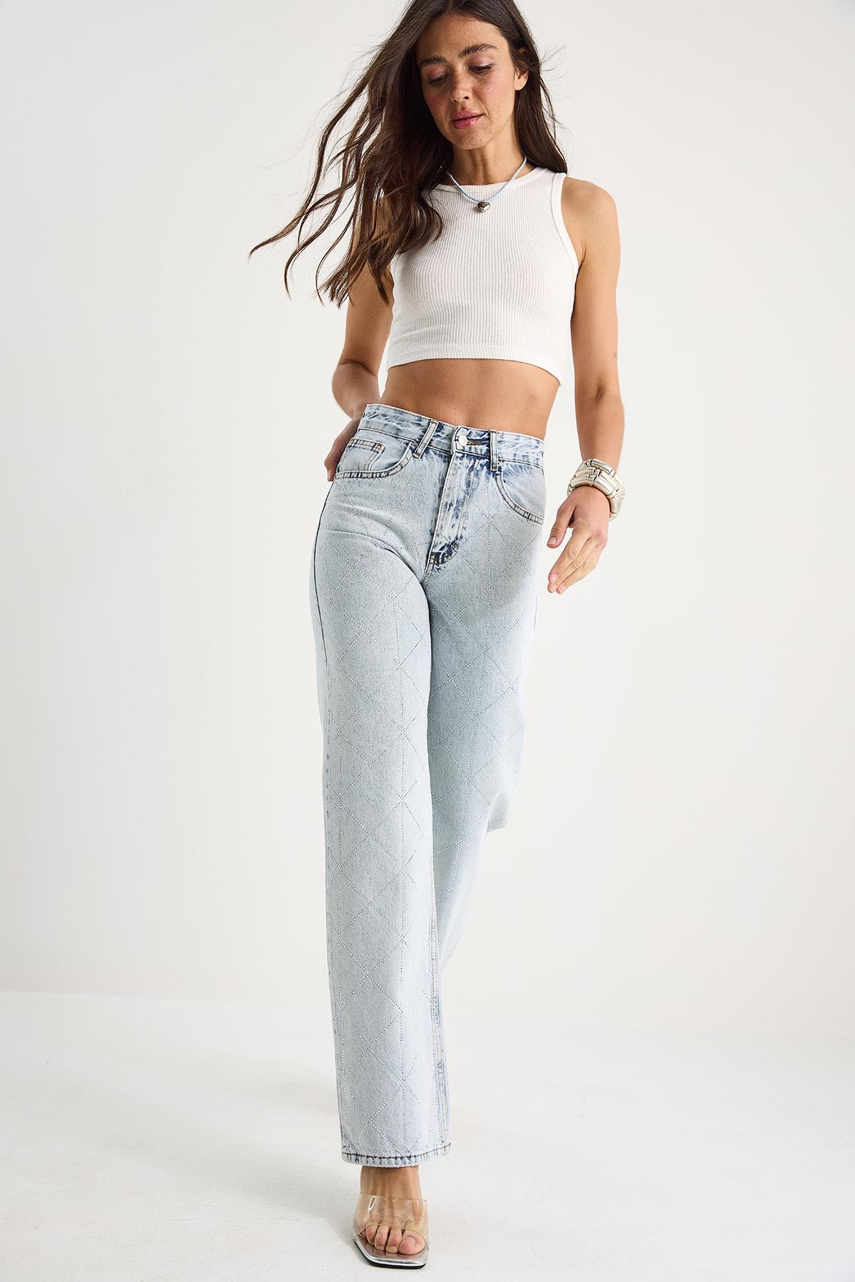Kadın Baklava Desenli Dijital Taş Baskılı Straight Denim Pantolon 488 60283287 - Buz Mavisi · 6