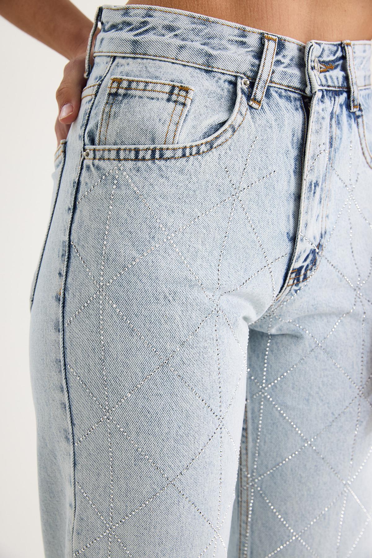 Kadın Baklava Desenli Dijital Taş Baskılı Straight Denim Pantolon 488 60283287 - Buz Mavisi · 7