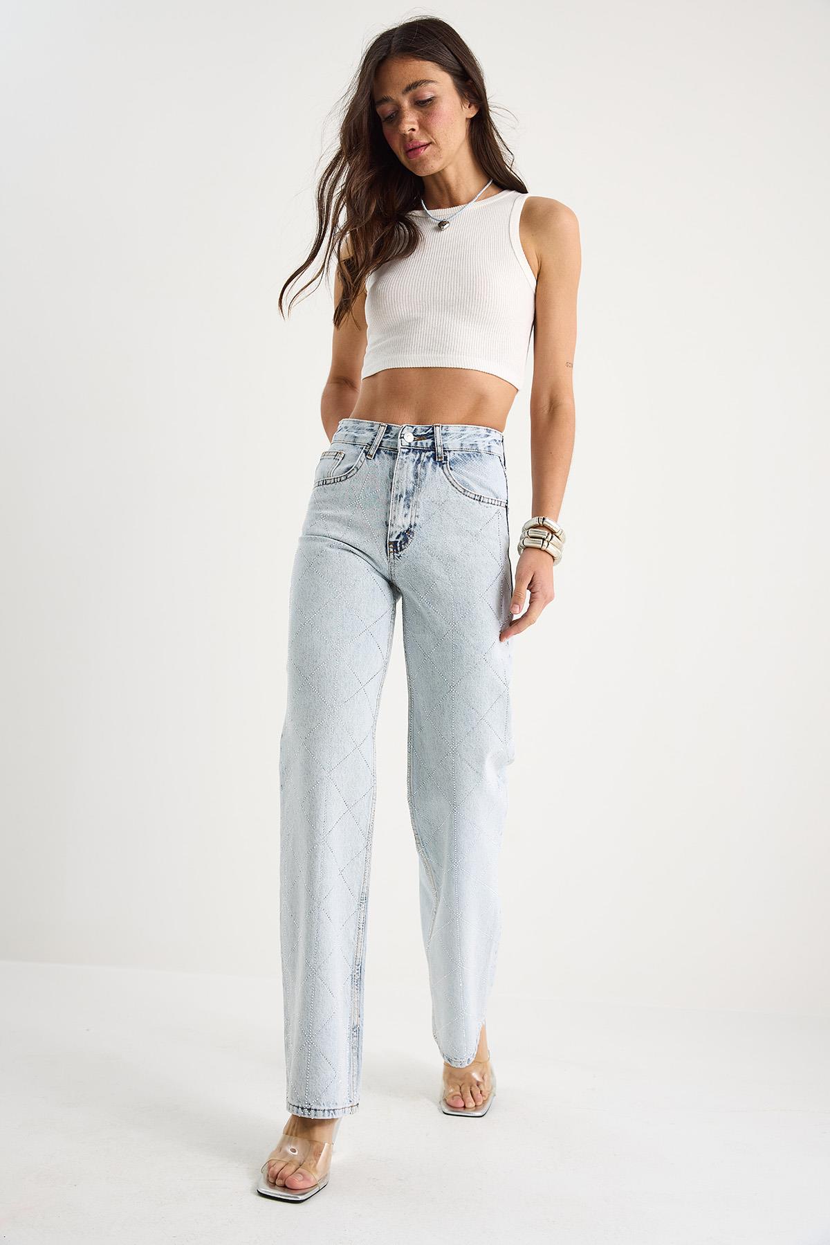 Kadın Baklava Desenli Dijital Taş Baskılı Straight Denim Pantolon 488 60283287 - Buz Mavisi · 4