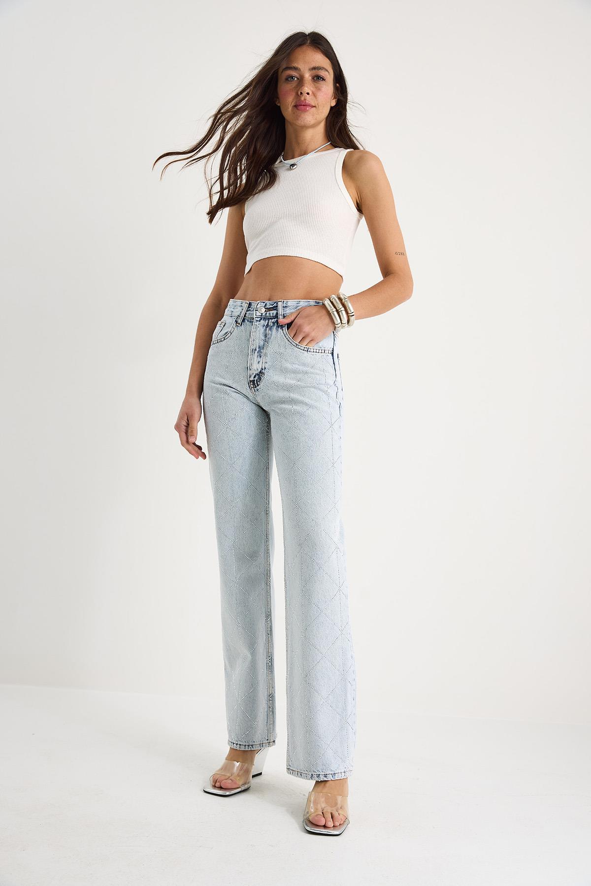 Kadın Baklava Desenli Dijital Taş Baskılı Straight Denim Pantolon 488 60283287 - Buz Mavisi · 2
