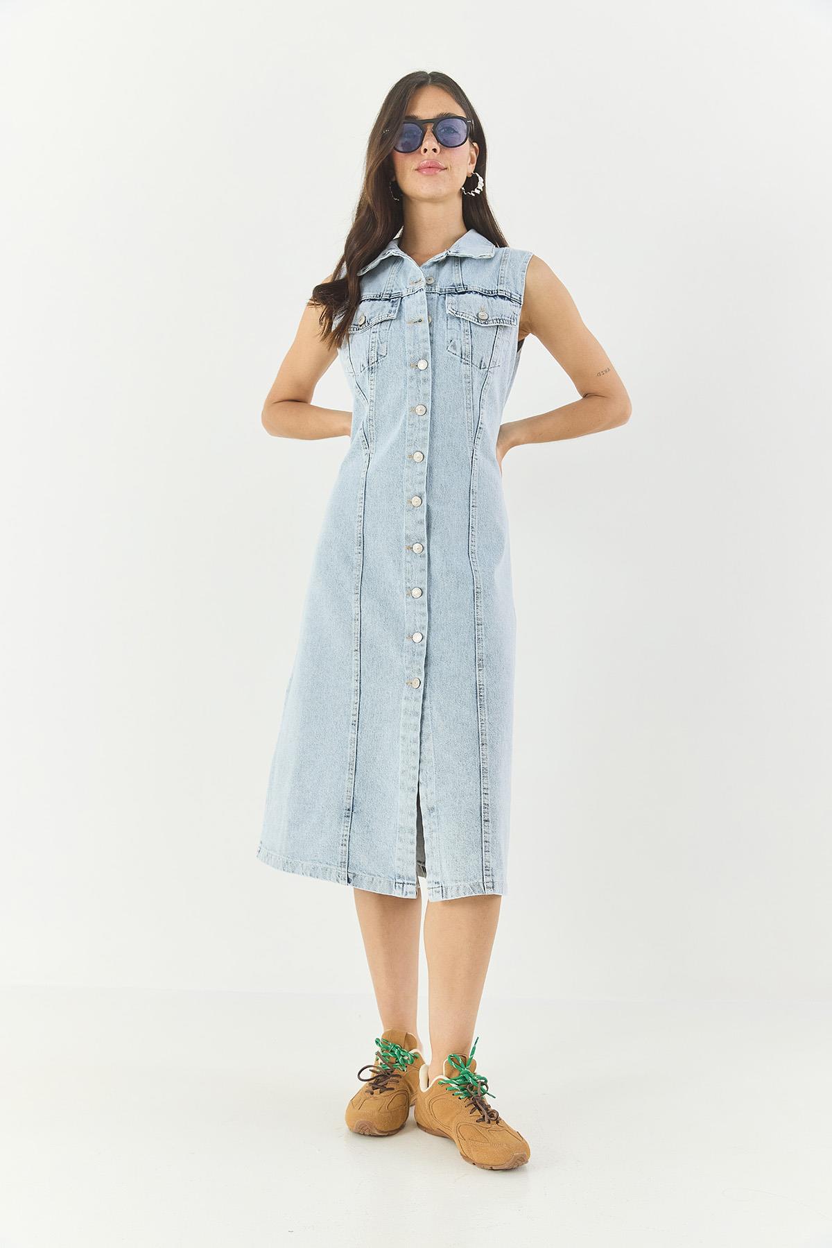 Kadın Belden Oturan Cepleri Kapaklı Sıfır Kollu Düğmeli Denim Elbise 3575 60283288 - Buz Mavisi · 2