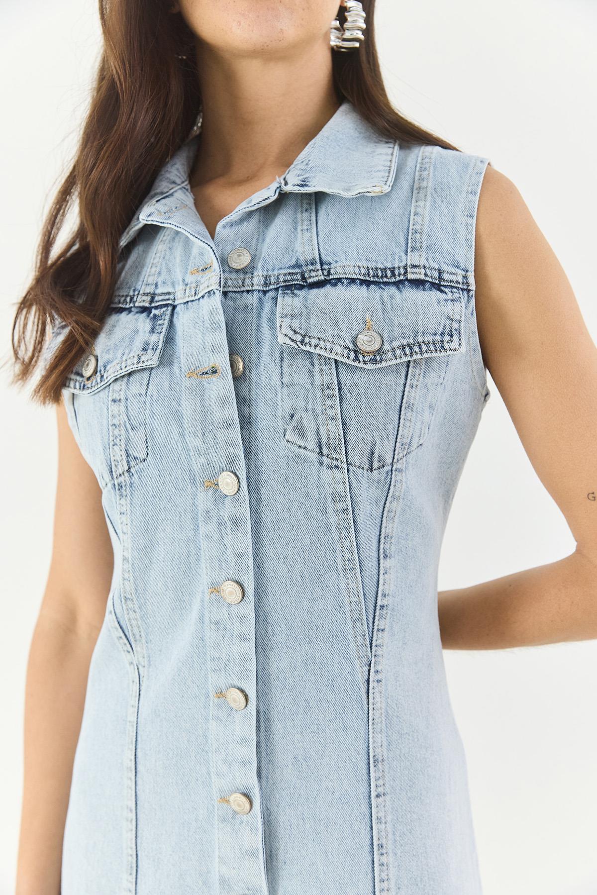 Kadın Belden Oturan Cepleri Kapaklı Sıfır Kollu Düğmeli Denim Elbise 3575 60283288 - Buz Mavisi · 6