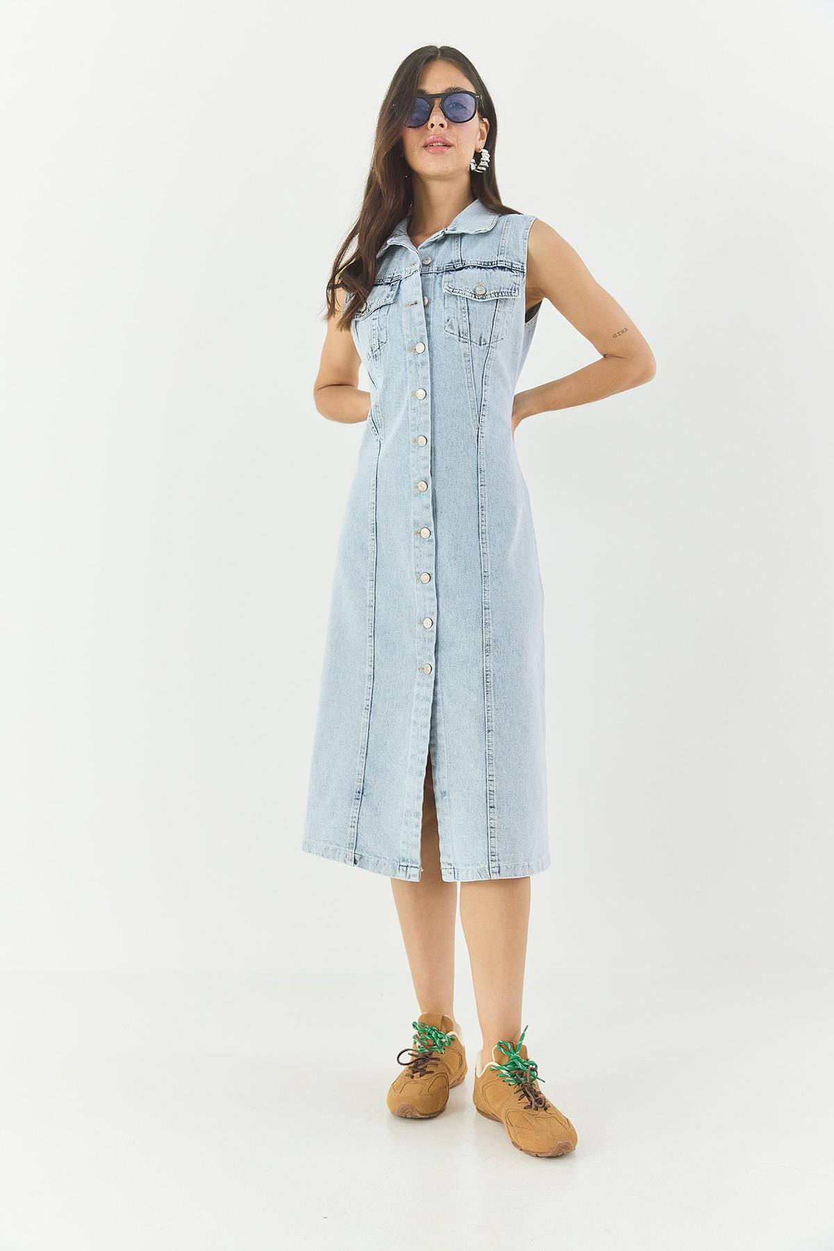 Kadın Belden Oturan Cepleri Kapaklı Sıfır Kollu Düğmeli Denim Elbise 3575 60283288 - Buz Mavisi · 5