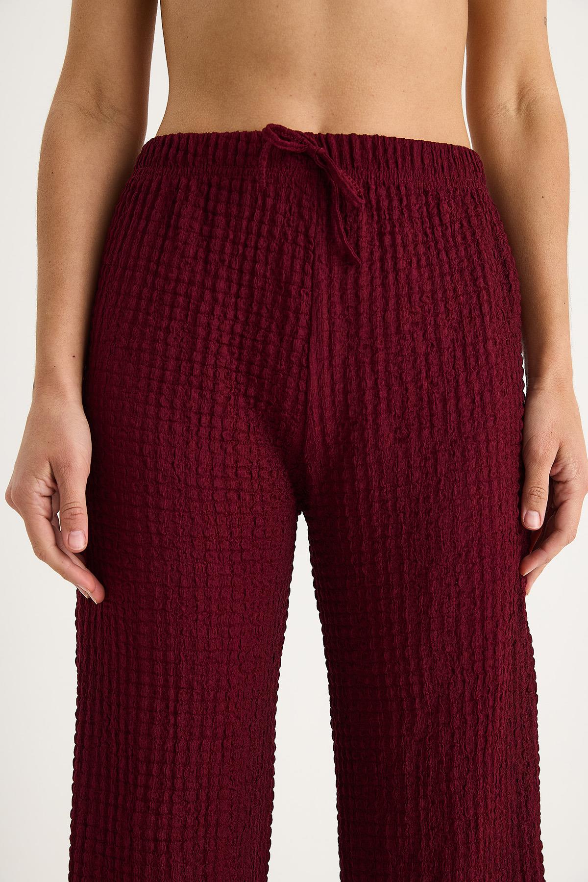 Kadın Beli Lastikli Bağlama Detaylı Rahat Kesim Yazlık Gofre Pantolon 2234 60283348 - Bordo · 5