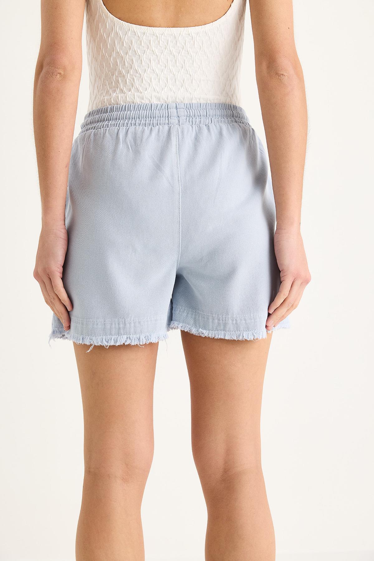 Kadın Beli Lastikli Cep Detaylı Yüksek Bel Paçası Püsküllü Kısa Keten Şort YP5322 60283389 - Bebe Mavisi · 7