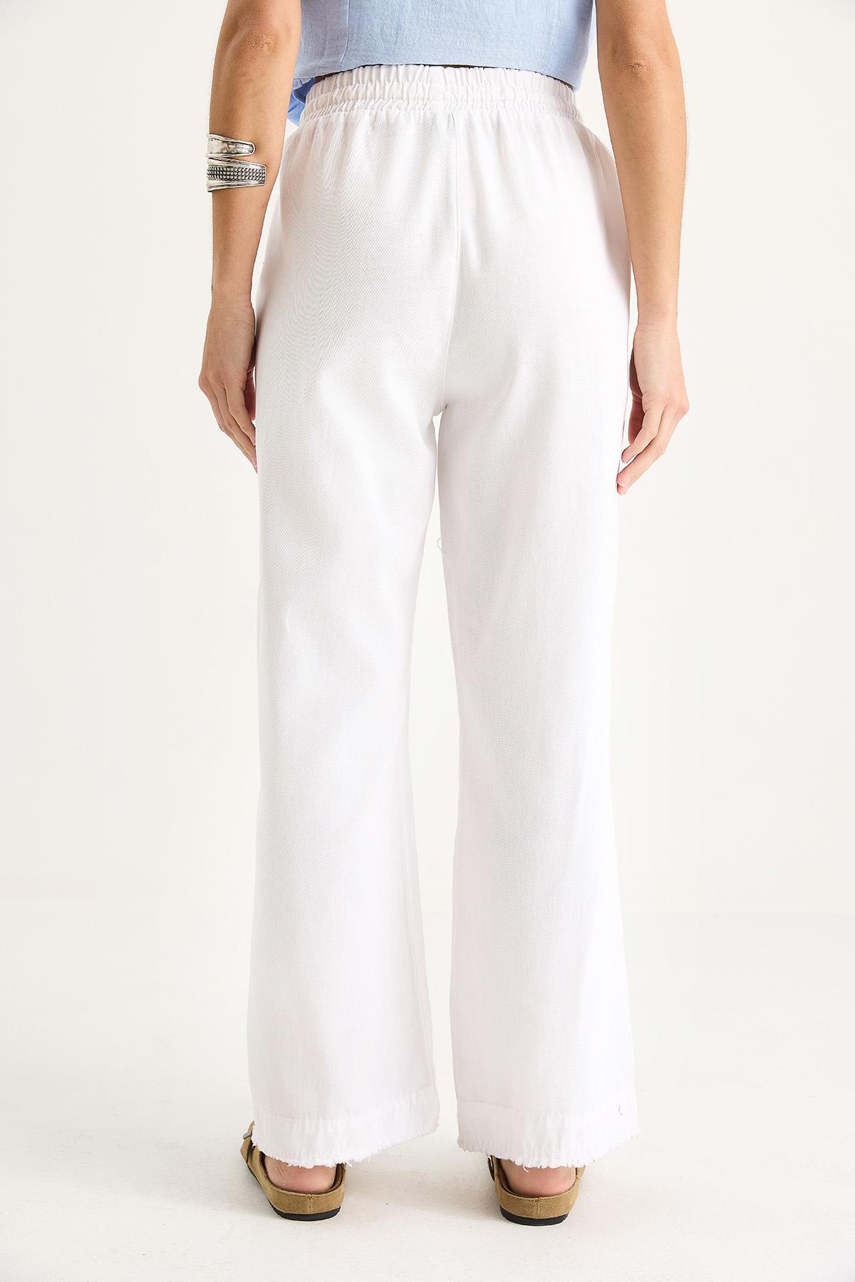 Kadın Beli Lastikli Paça Detaylı Palazzo Kalıp Pamuk Gabardin Yazlık Pantolon 60283323 - Beyaz · 6