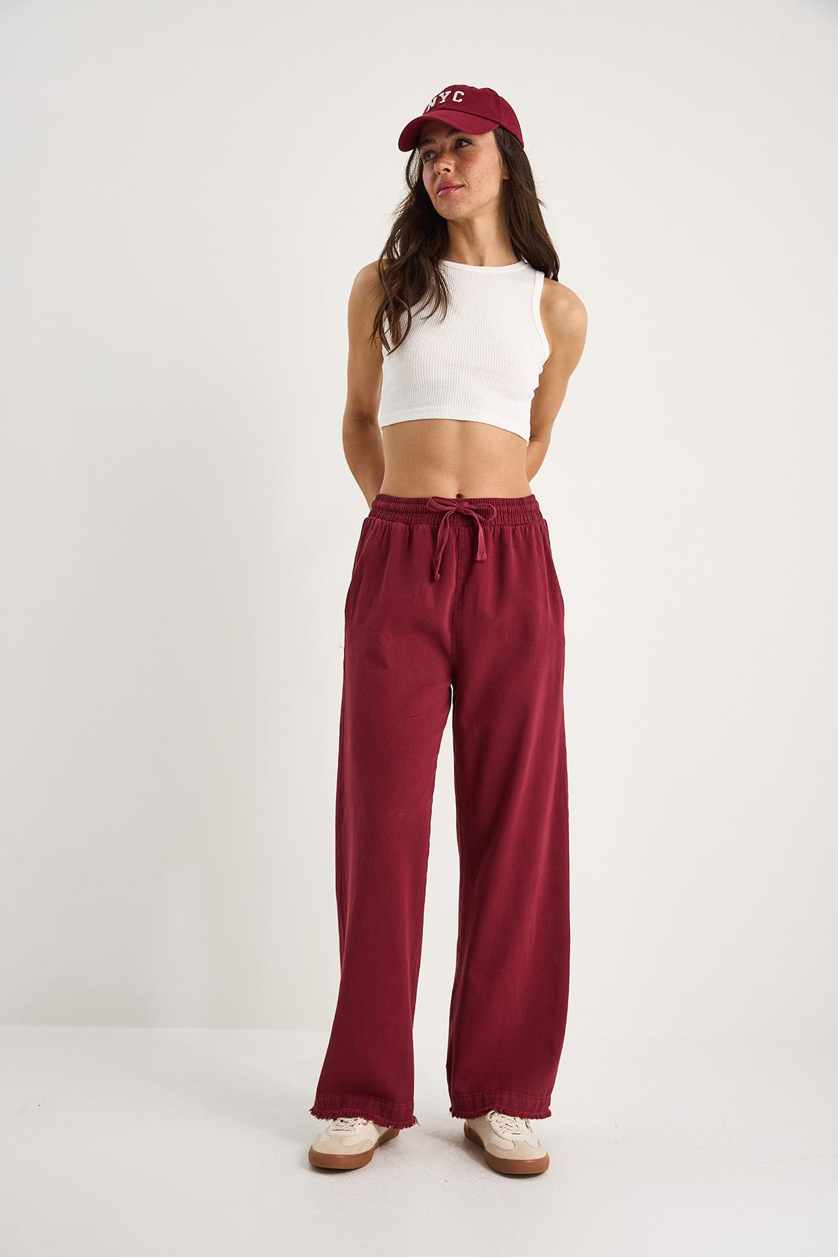 Kadın Beli Lastikli Paça Detaylı Palazzo Kalıp Pamuk Gabardin Yazlık Pantolon 60283323 - Bordo · 2