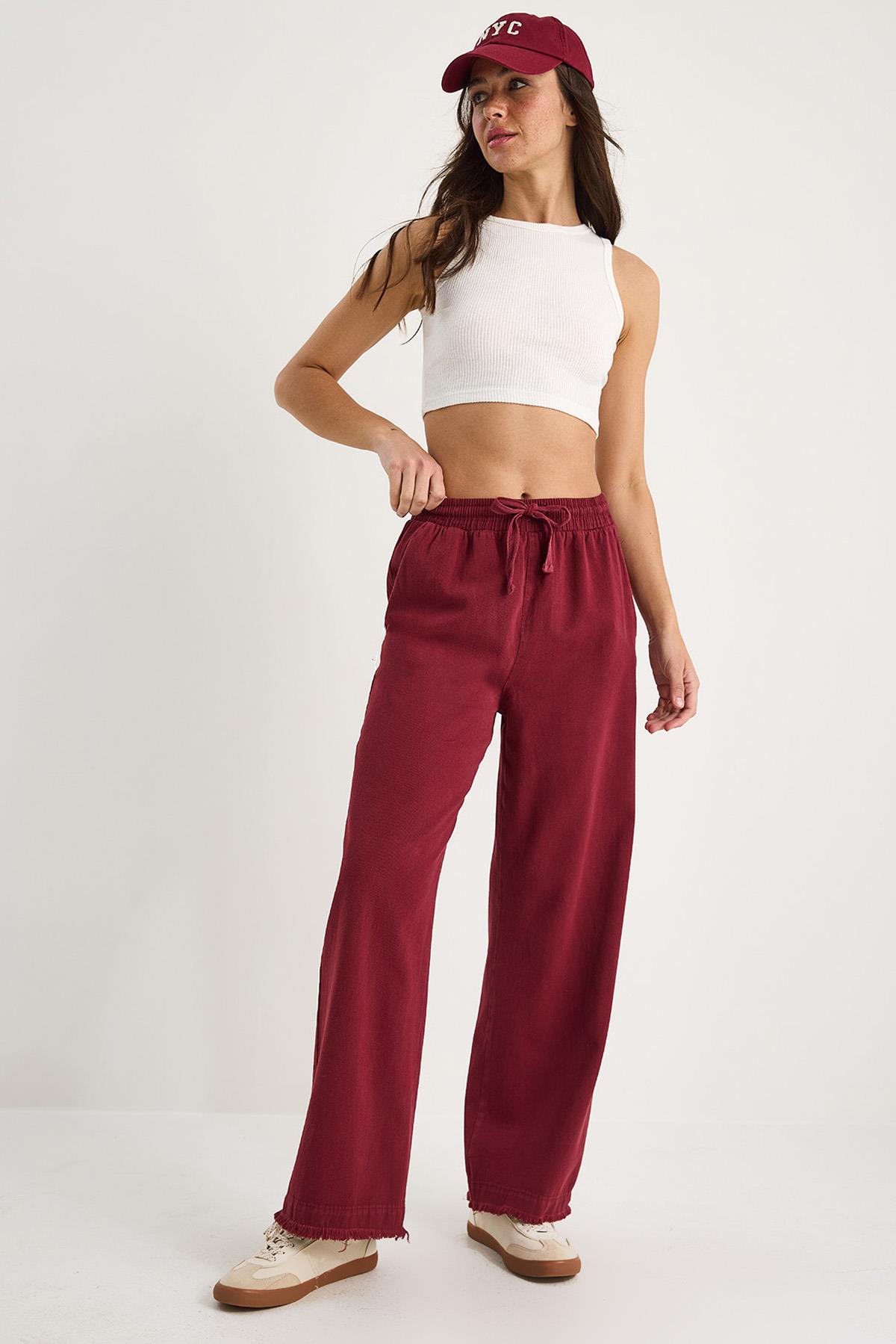 Kadın Beli Lastikli Paça Detaylı Palazzo Kalıp Pamuk Gabardin Yazlık Pantolon 60283323 - Bordo