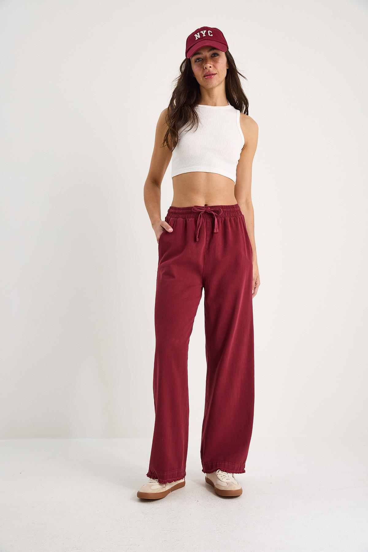 Kadın Beli Lastikli Paça Detaylı Palazzo Kalıp Pamuk Gabardin Yazlık Pantolon 60283323 - Bordo · 3