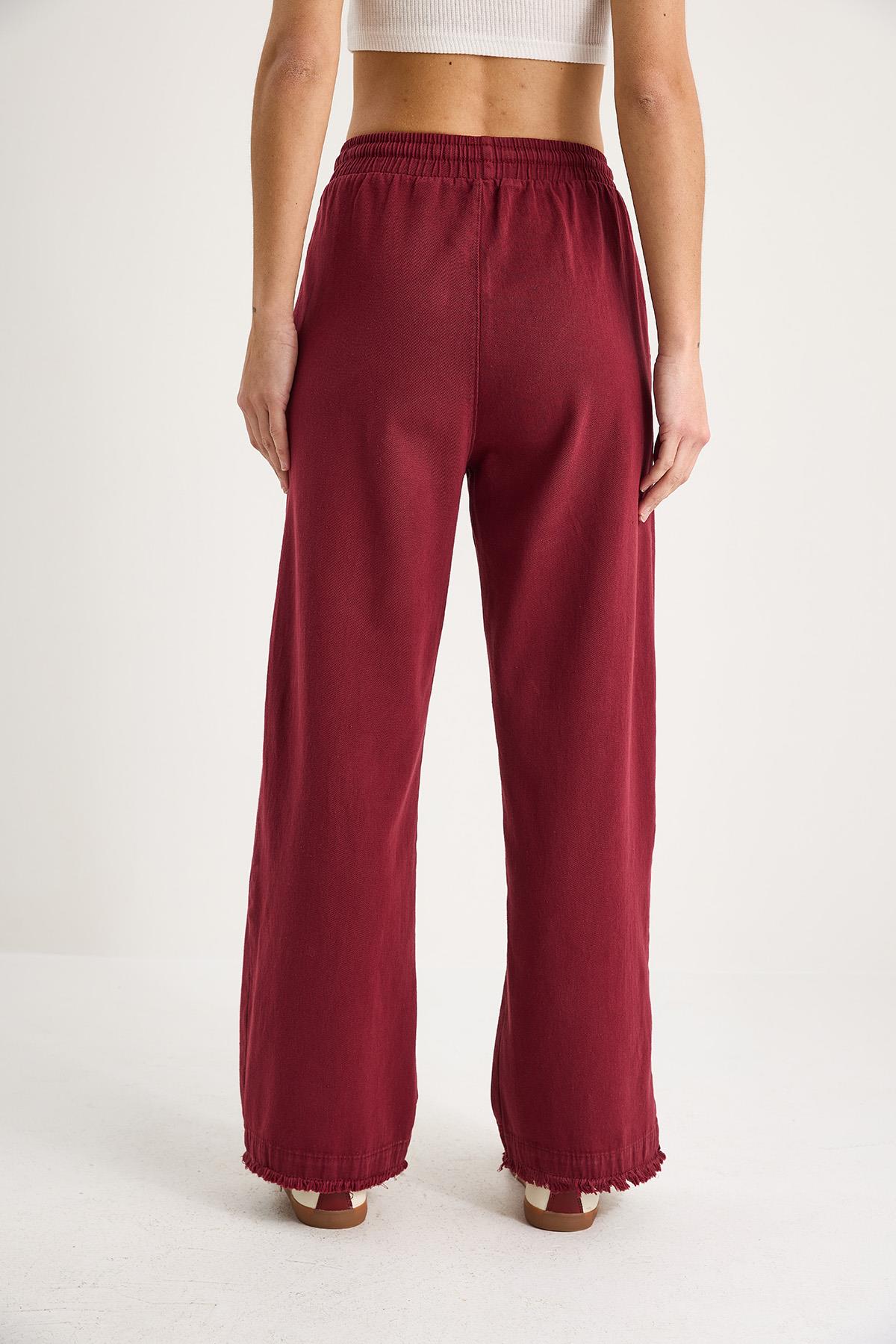 Kadın Beli Lastikli Paça Detaylı Palazzo Kalıp Pamuk Gabardin Yazlık Pantolon 60283323 - Bordo · 6