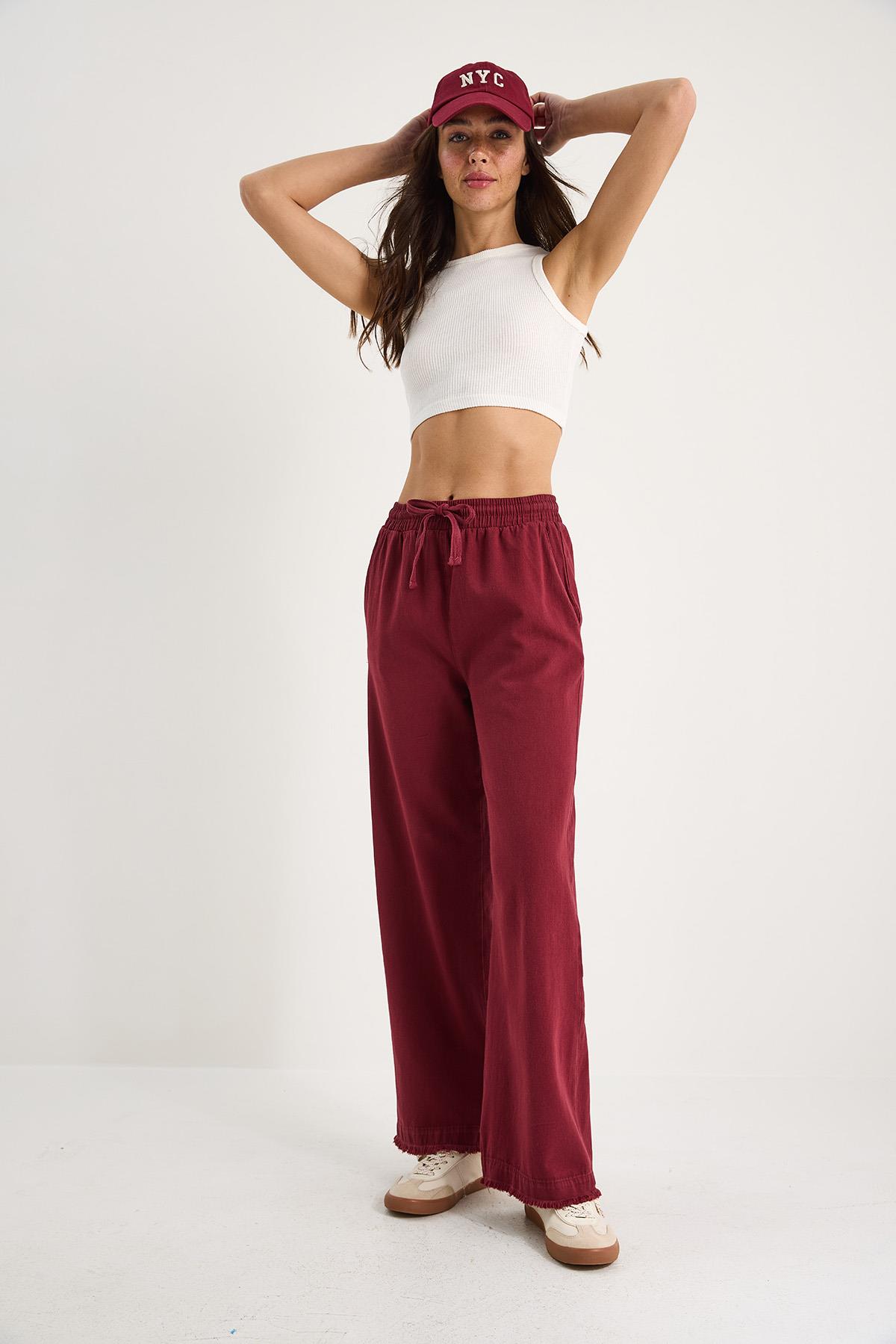 Kadın Beli Lastikli Paça Detaylı Palazzo Kalıp Pamuk Gabardin Yazlık Pantolon 60283323 - Bordo · 4