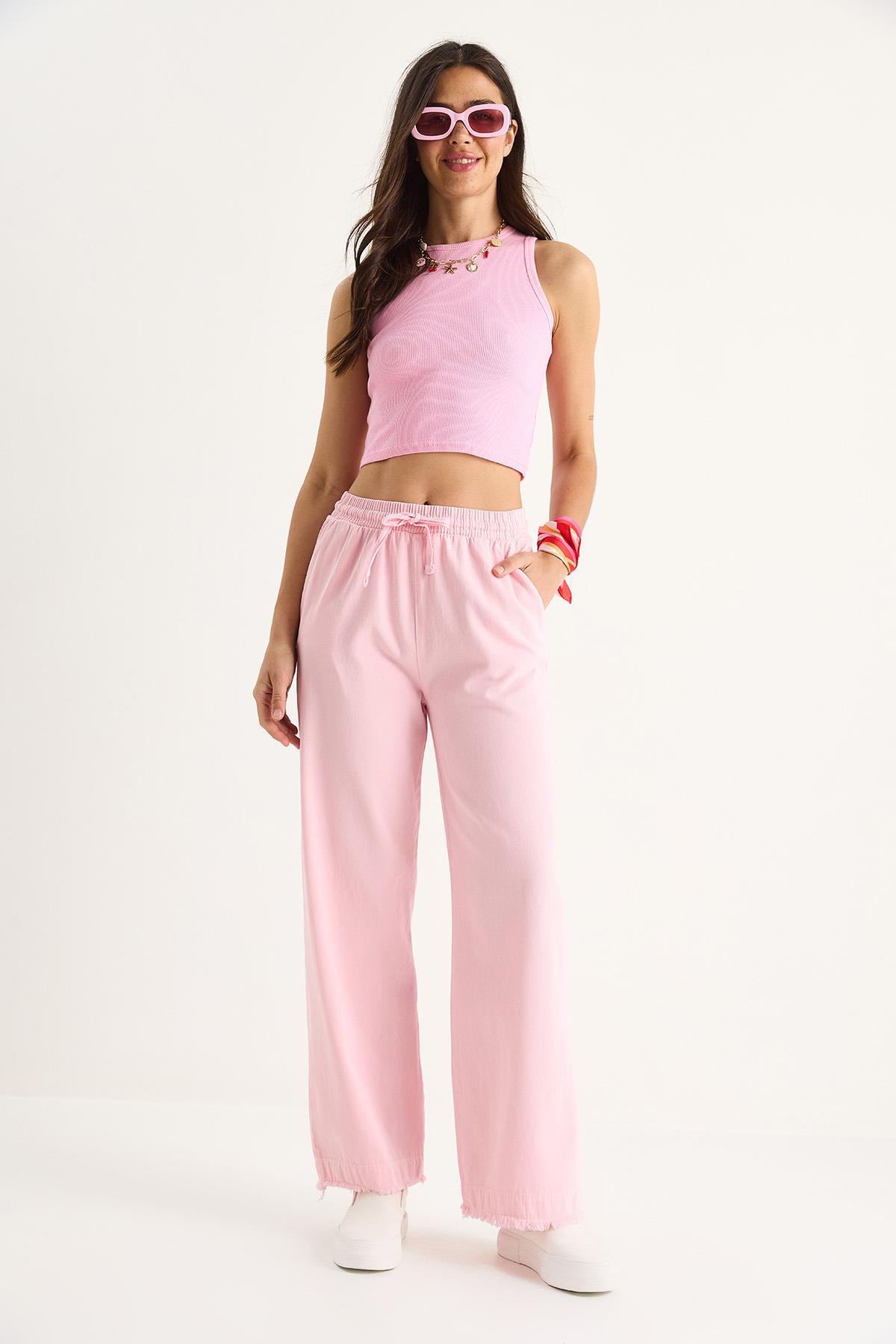 Kadın Beli Lastikli Paça Detaylı Palazzo Kalıp Pamuk Gabardin Yazlık Pantolon 60283323 - Toz Pembe · 5