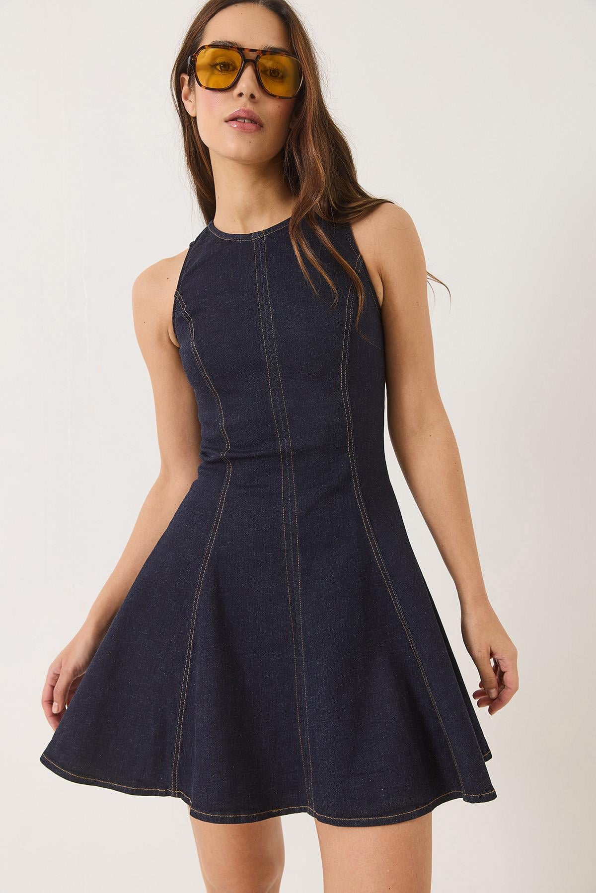 Kadın Bisiklet Yaka Fermuarlı Dikiş Detaylı Volanlı Likralı Yazlık Mini Denim Elbise 8037 60283164 - Lacivert · 4