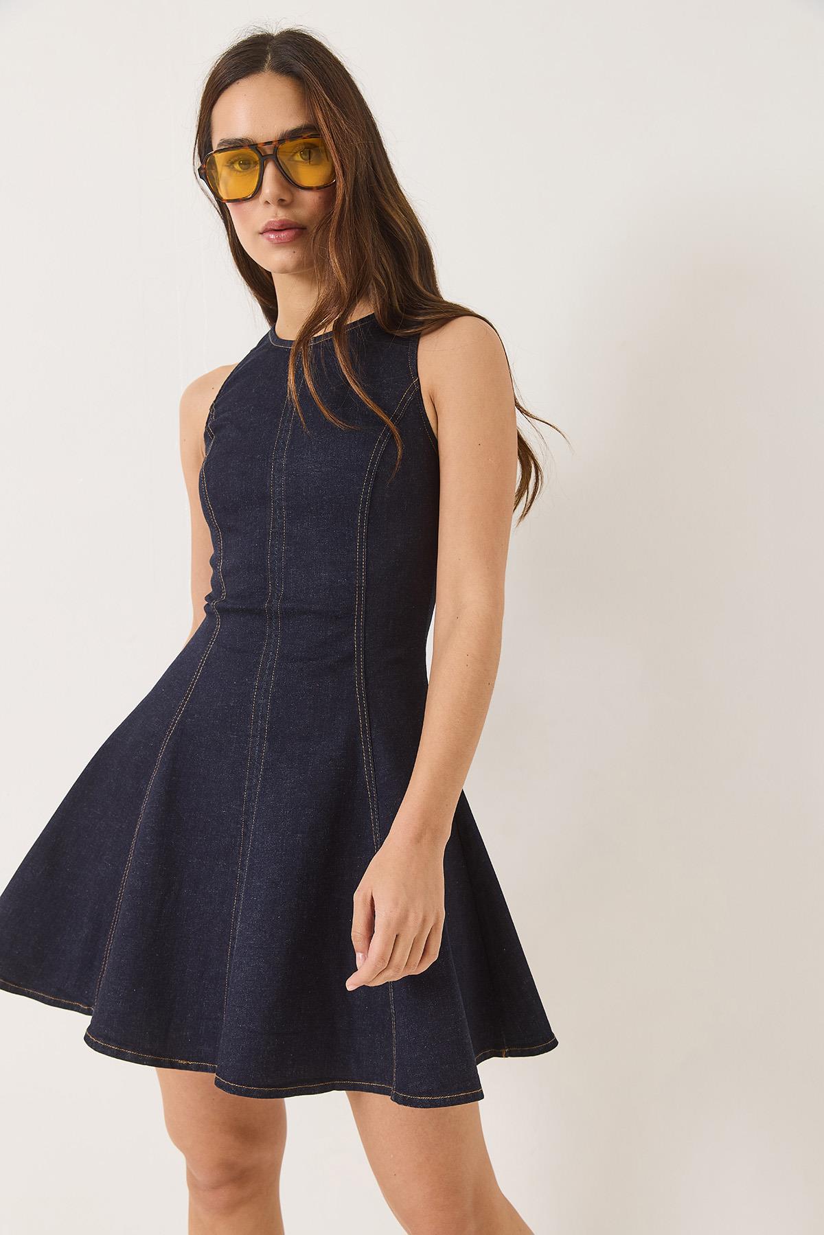 Kadın Bisiklet Yaka Fermuarlı Dikiş Detaylı Volanlı Likralı Yazlık Mini Denim Elbise 8037 60283164 - Lacivert · 6