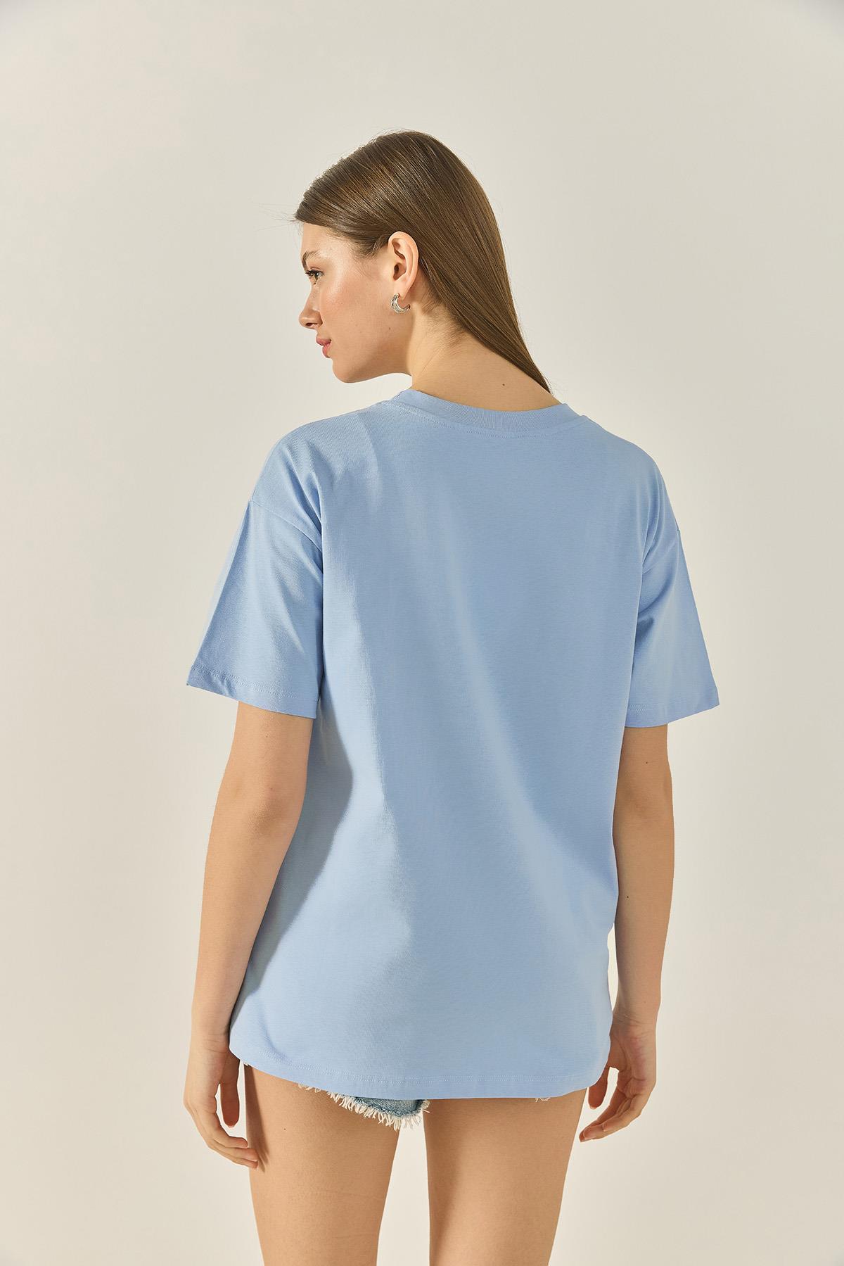Kadın Bisiklet Yaka Kısa Kollu Baskılı Pamuklu Salaş T-Shirt 5447 60283289 - Bebe Mavisi · 7