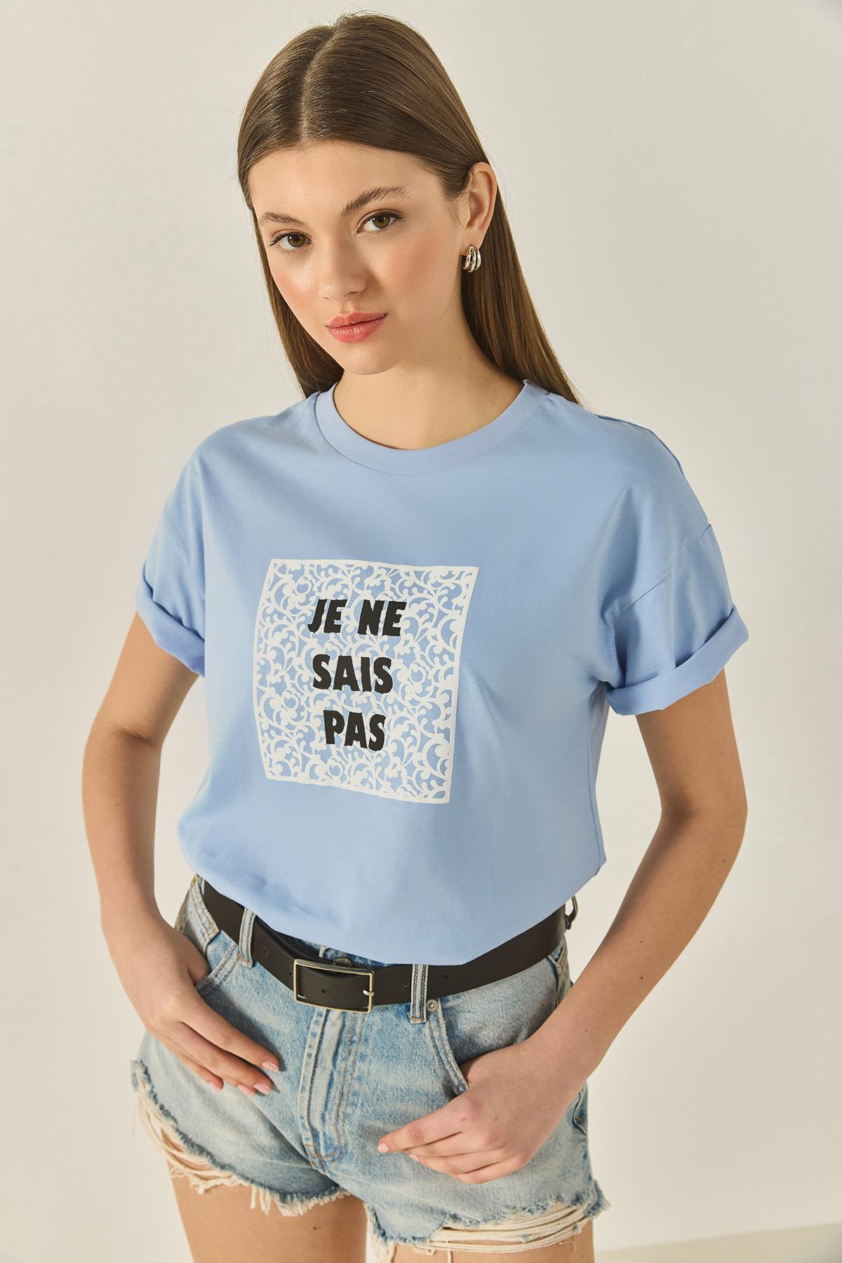 Kadın Bisiklet Yaka Kısa Kollu Baskılı Pamuklu Salaş T-Shirt 5447 60283289 - Bebe Mavisi · 4