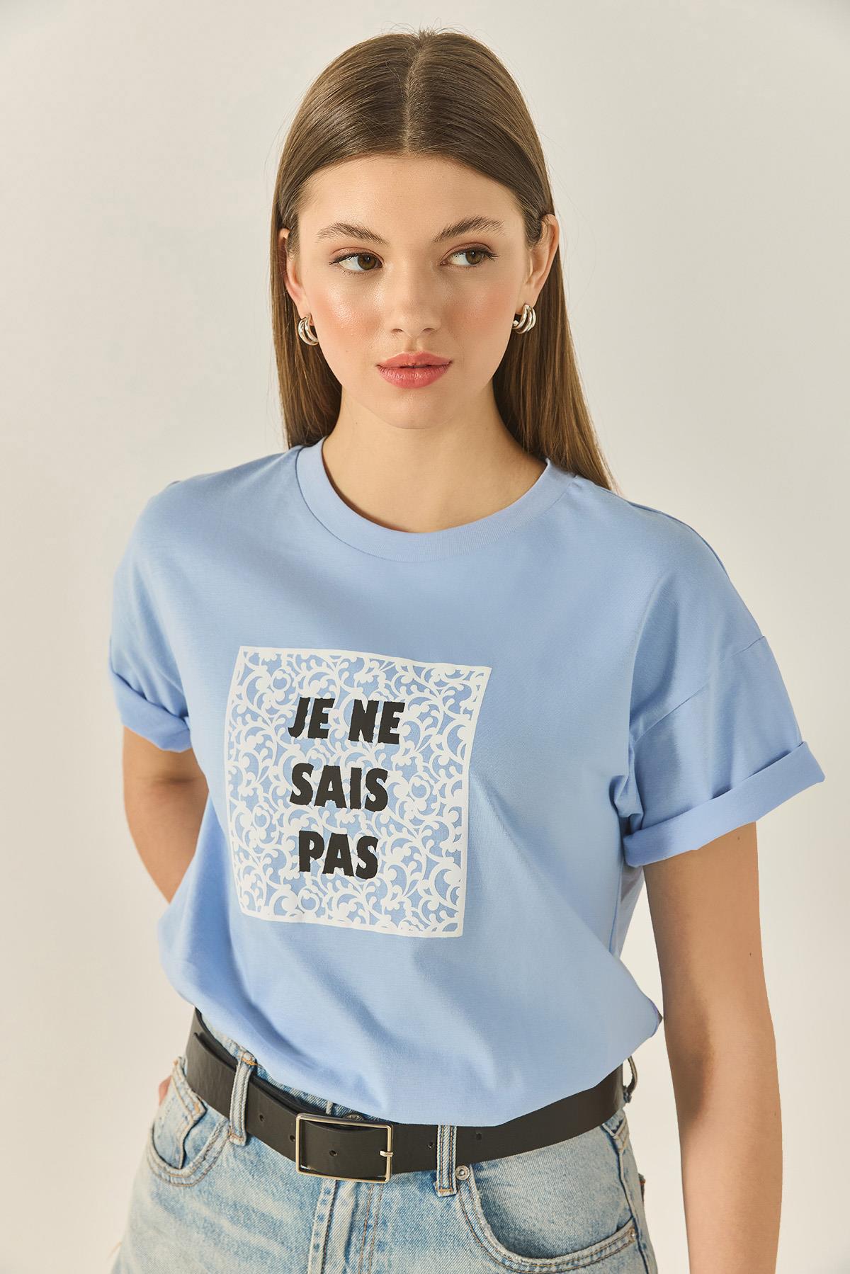 Kadın Bisiklet Yaka Kısa Kollu Baskılı Pamuklu Salaş T-Shirt 5447 60283289 - Bebe Mavisi · 3
