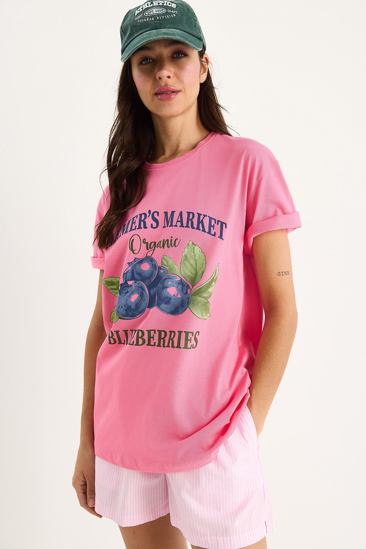 Kadın Blueberries Baskılı Bisiklet Yaka %100 Pamuklu T-Shirt 6702 60283451 - Pembe · 3