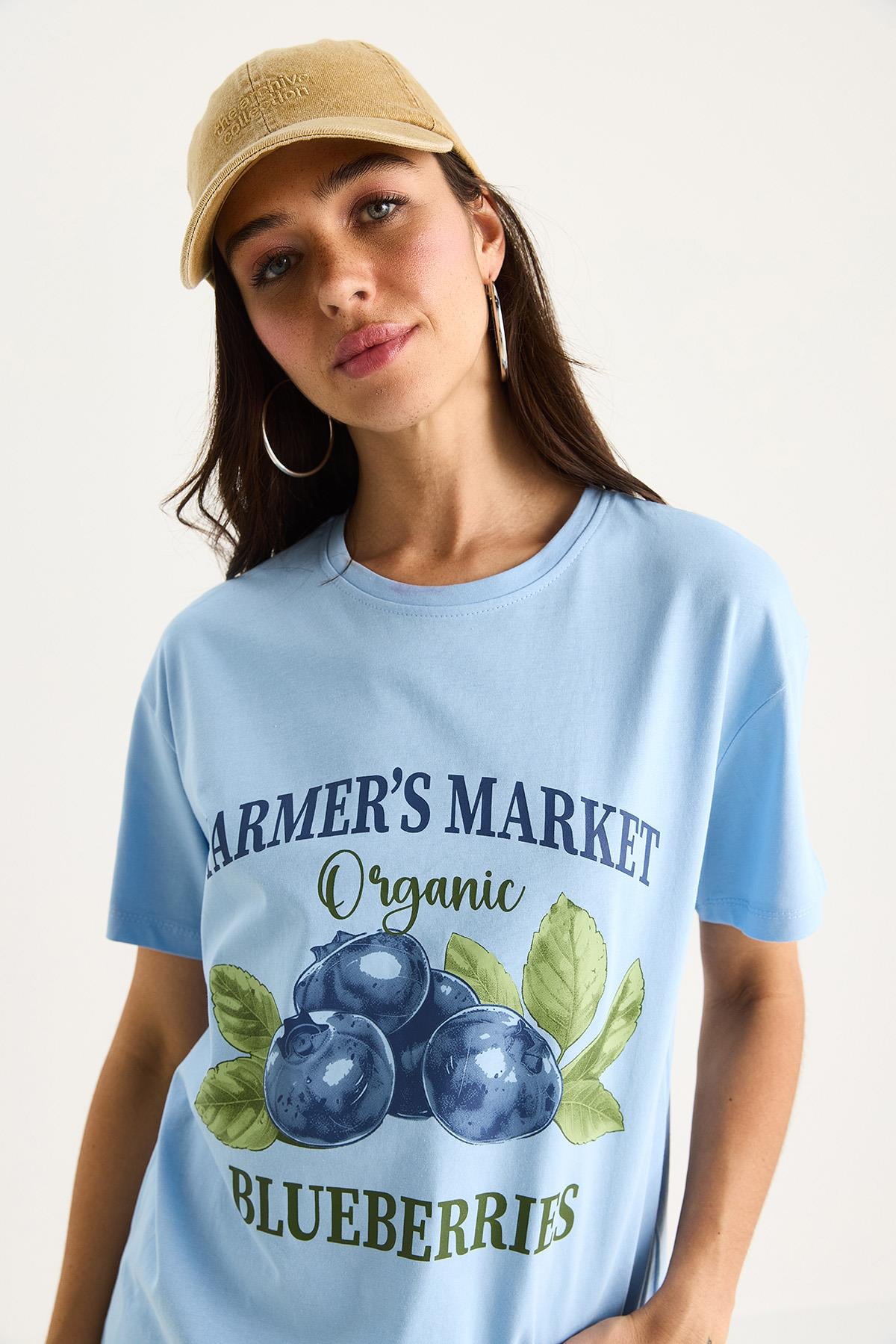 Kadın Blueberries Baskılı Bisiklet Yaka %100 Pamuklu T-Shirt 6702 60283451 - Bebe Mavisi · 5