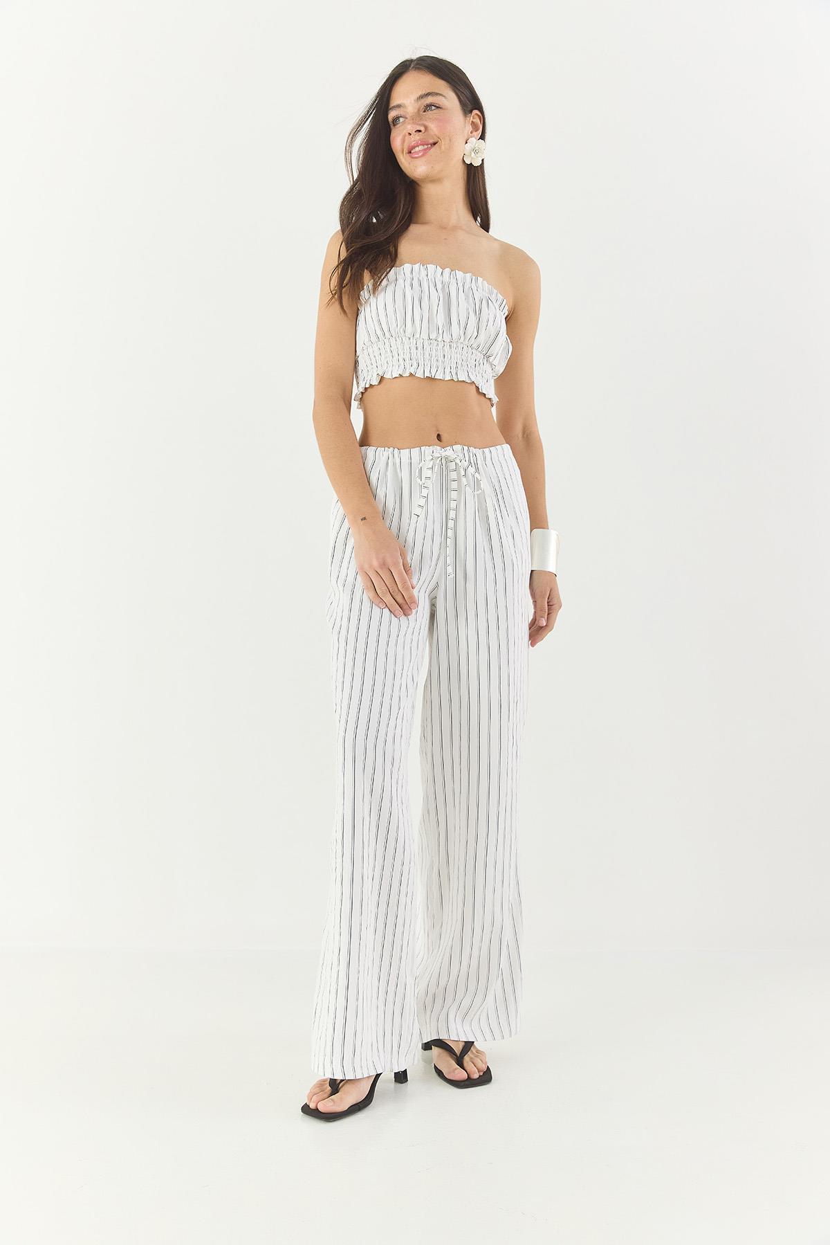 Kadın Çizgili Gipe Detaylı Crop Top Beli İpli Geniş Paça Pantolon Alt-Üst Takım 60283262 - Beyaz · 4