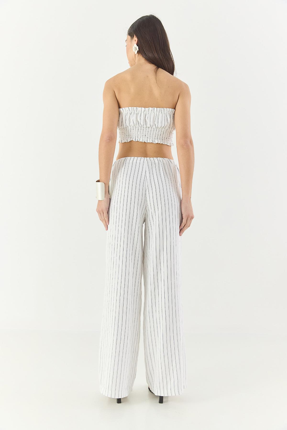 Kadın Çizgili Gipe Detaylı Crop Top Beli İpli Geniş Paça Pantolon Alt-Üst Takım 60283262 - Beyaz · 7