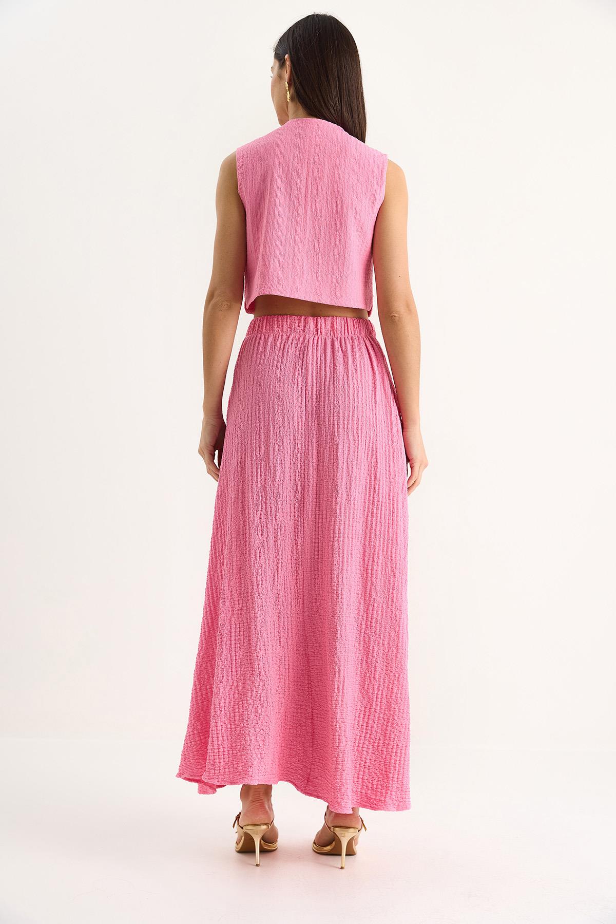 Kadın Crop Yelekli Beli Lastikli Cep Detaylı Uzun Etekli Alt-Üst Gofre Takım 4006 60283371 - Şeker Pembe · 6