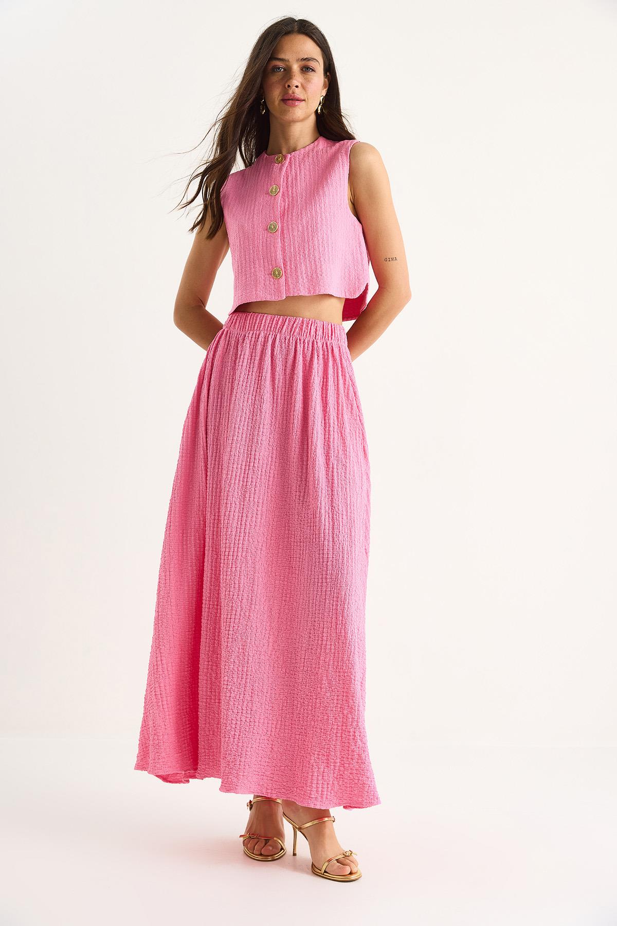 Kadın Crop Yelekli Beli Lastikli Cep Detaylı Uzun Etekli Alt-Üst Gofre Takım 4006 60283371 - Şeker Pembe · 4